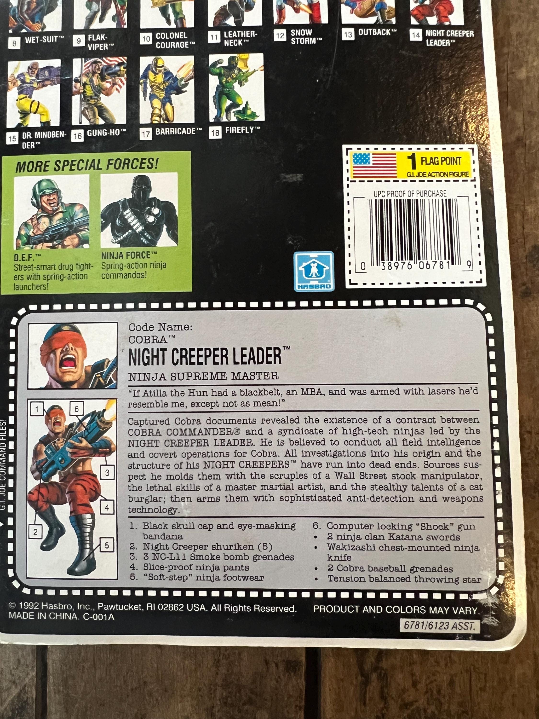 1992 Hasbro GI JOE ARAH - Battle Corps - Cobra Night Creeper Leader - Action Figure - Sealed on Original Card