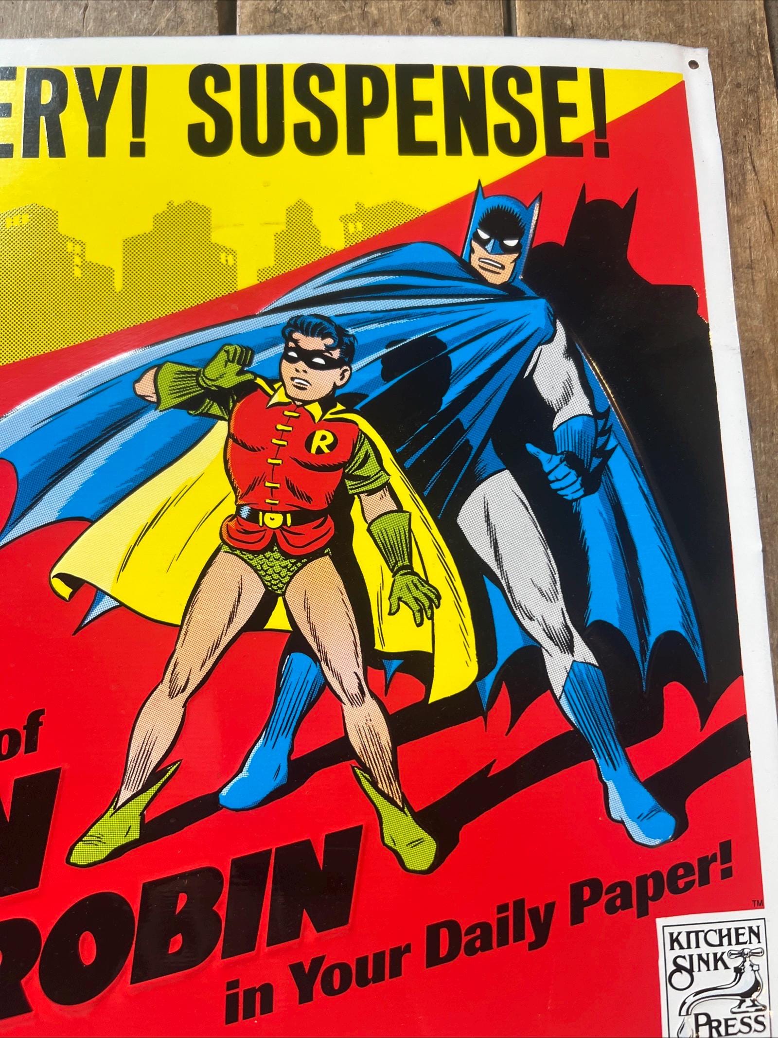 1990 BATMAN and ROBIN - DC Comics - Kitchen Sink Press - Embossed Metal sign Advertising - Daily Comic Strip Sign