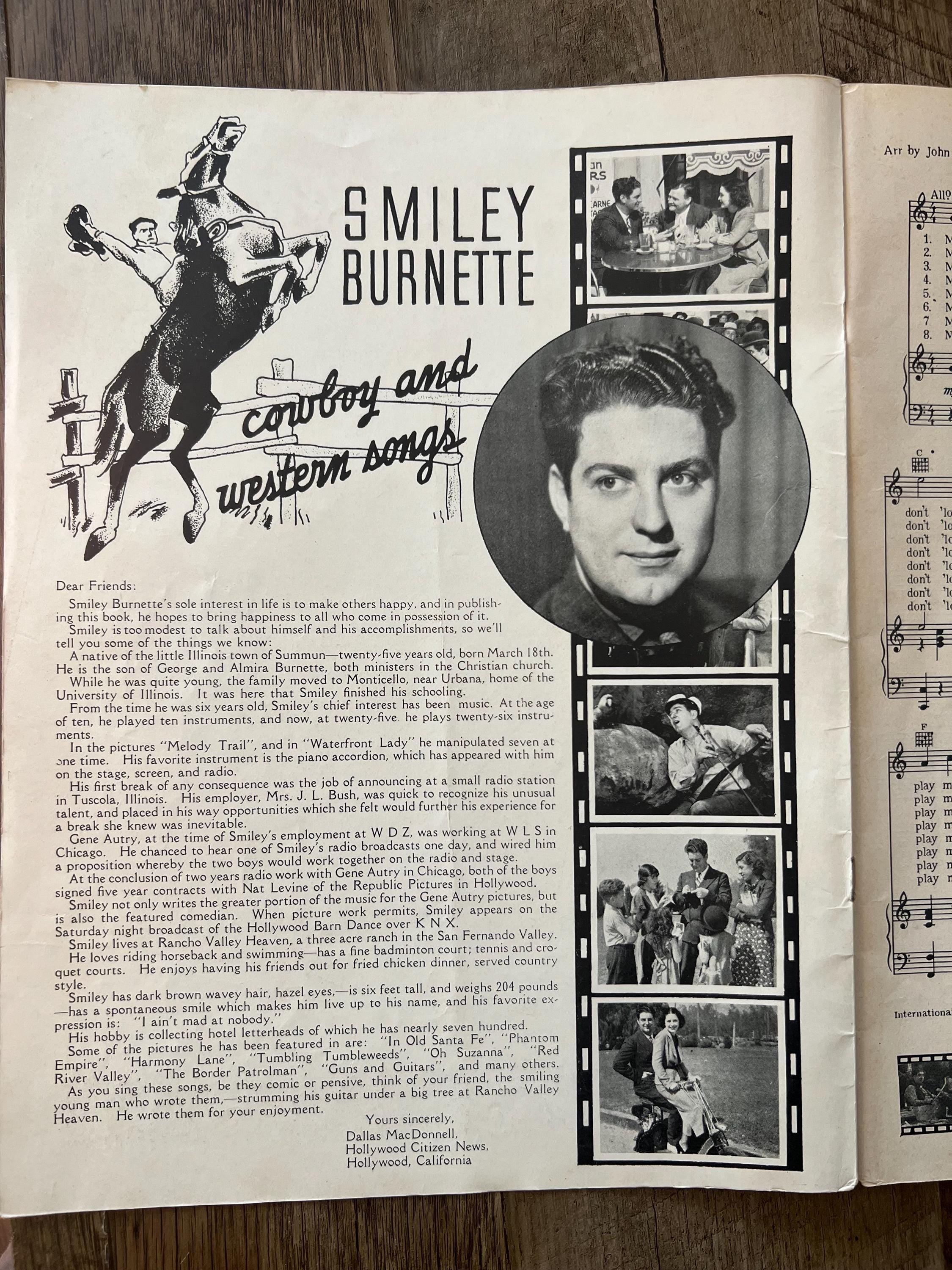 1930s Smiley Burnette Cowboy Songs - Vintage Sheet Music