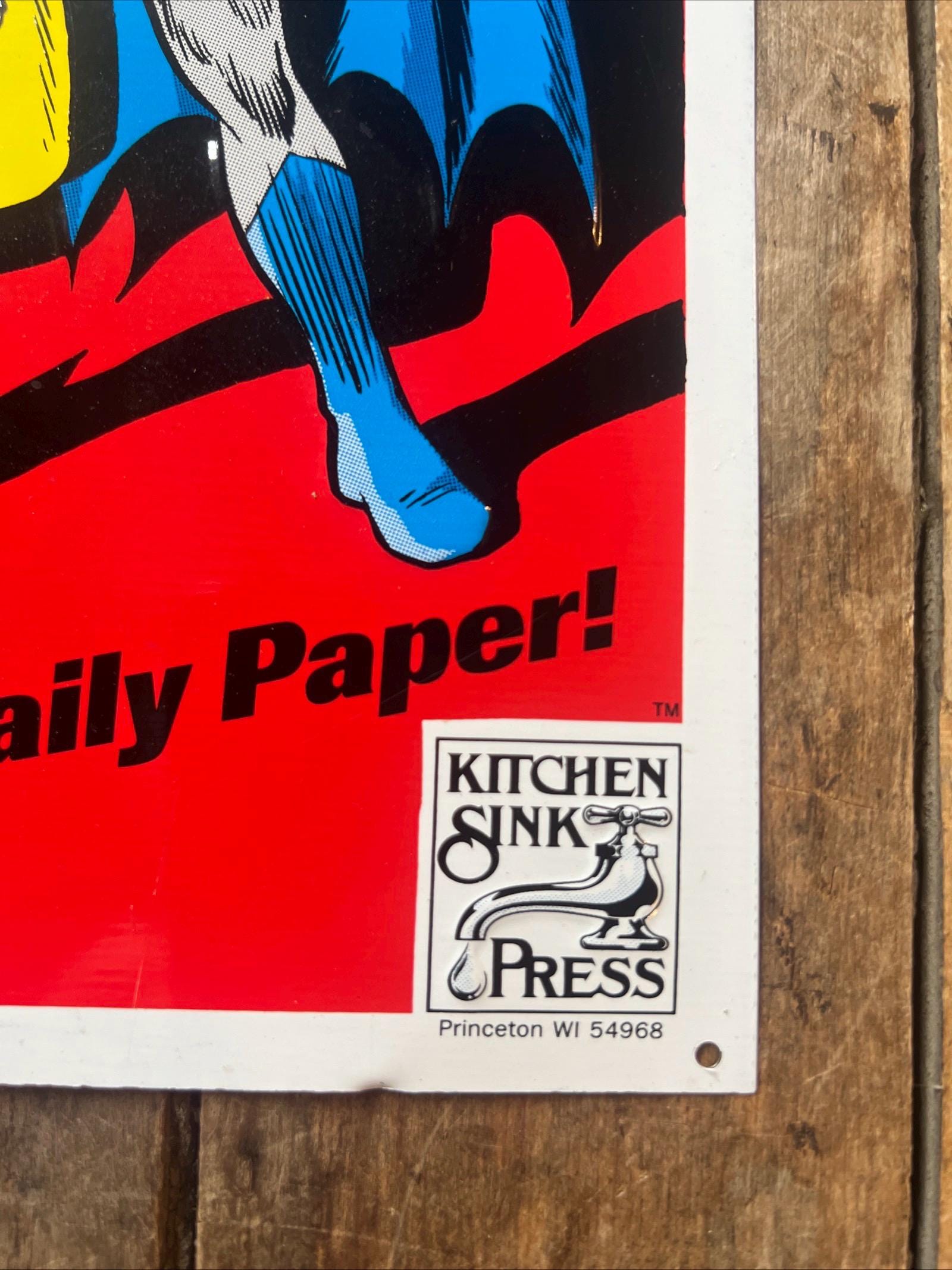 1990 BATMAN and ROBIN - DC Comics - Kitchen Sink Press - Embossed Metal sign Advertising - Daily Comic Strip Sign