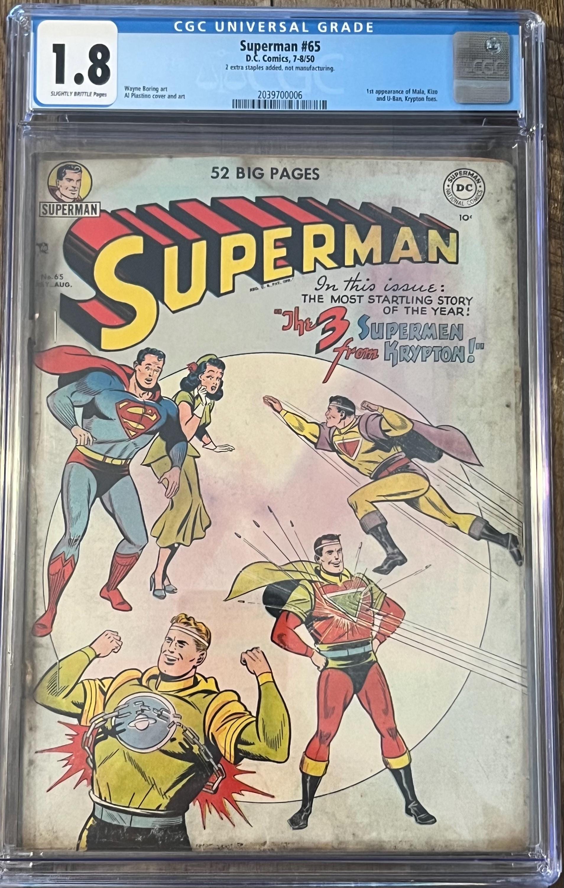 Vintage 1950 Superman DC COMIC #65 / Graded Comic CGC 1.8 / First appearance of Mala, Kizo, and U-Ban Krypton Foes - Key Issue