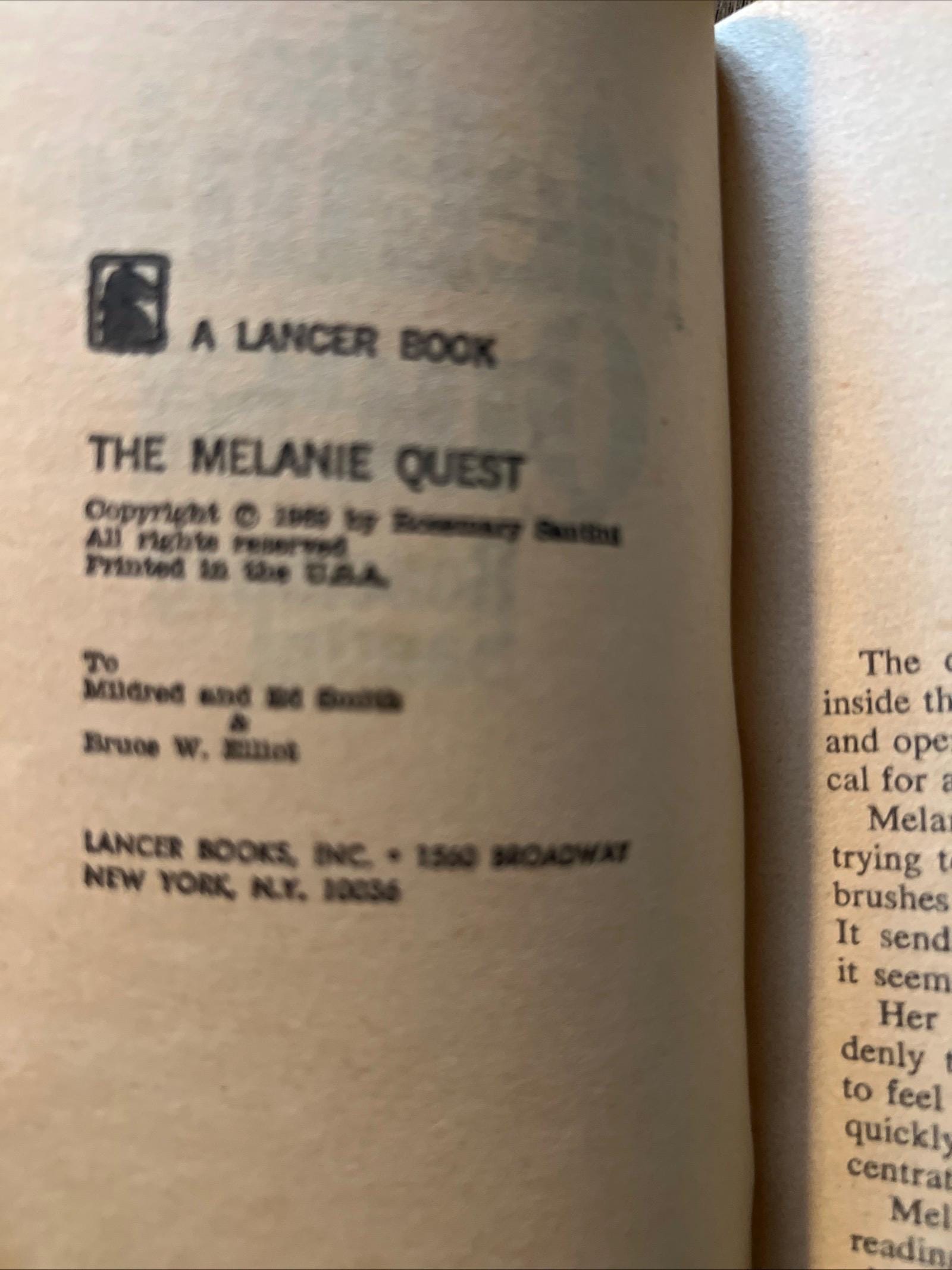 The Melanie Quest by Rosemary Santini ( 1969 Lancer Books Paperback) Romance Novel