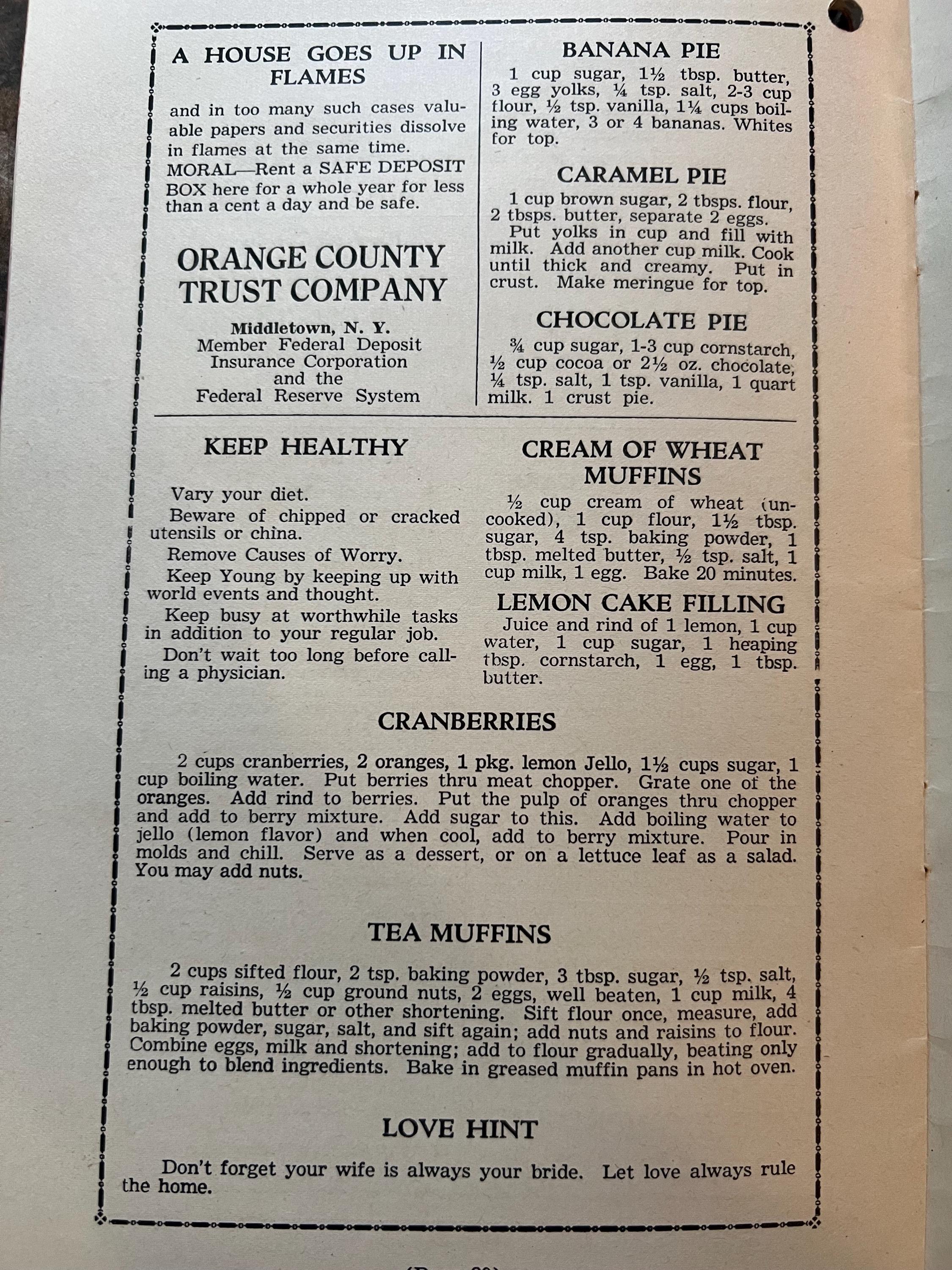 1930s Cook Book: Handy Handbook for Happy Homemakers, Middletown Bank
