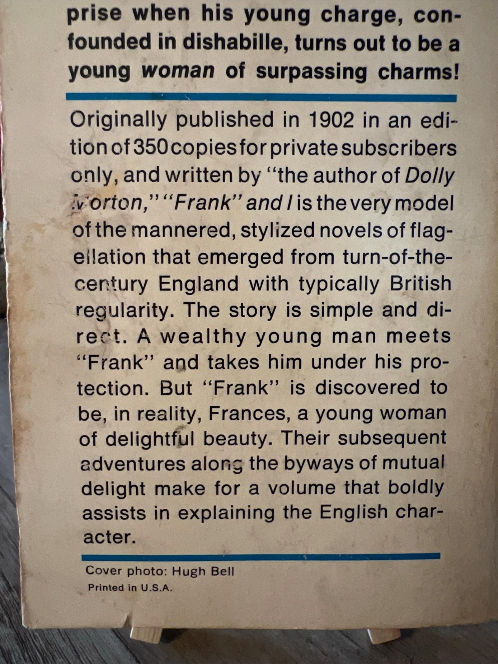 Vintage Romance Novel - “Frank” And I by Anonymous Grove Press ( 1968 Zebra Books Paperback)