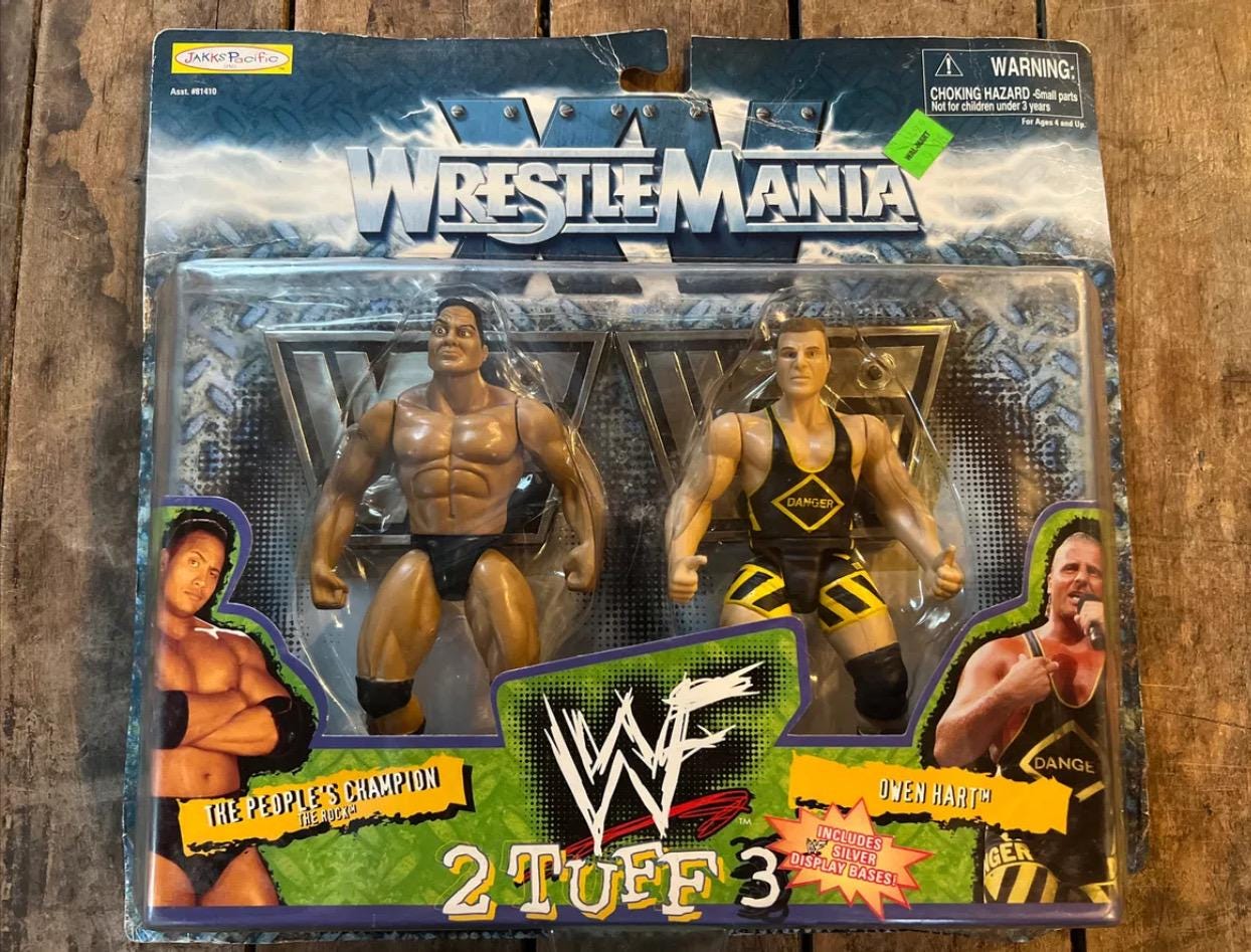 Vintage 1998 WWF The Rock & Owen Hart Wrestlemania 2 Tuff 3 Action Figures - Jakks MOC