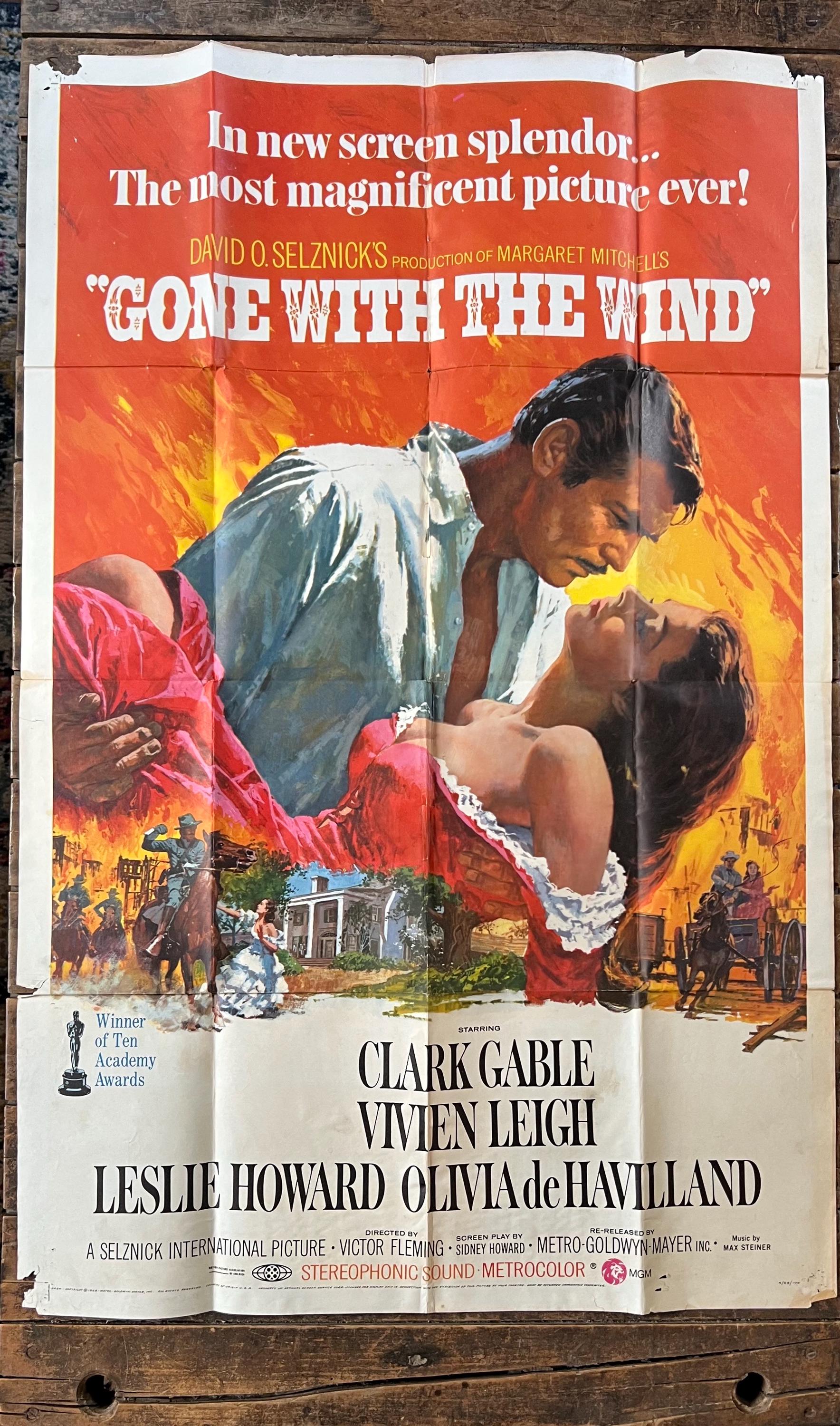 Original 1968 Gone With The Wind Movie Poster 41x27 Full Sheet - Clark Gable & Vivien Leigh