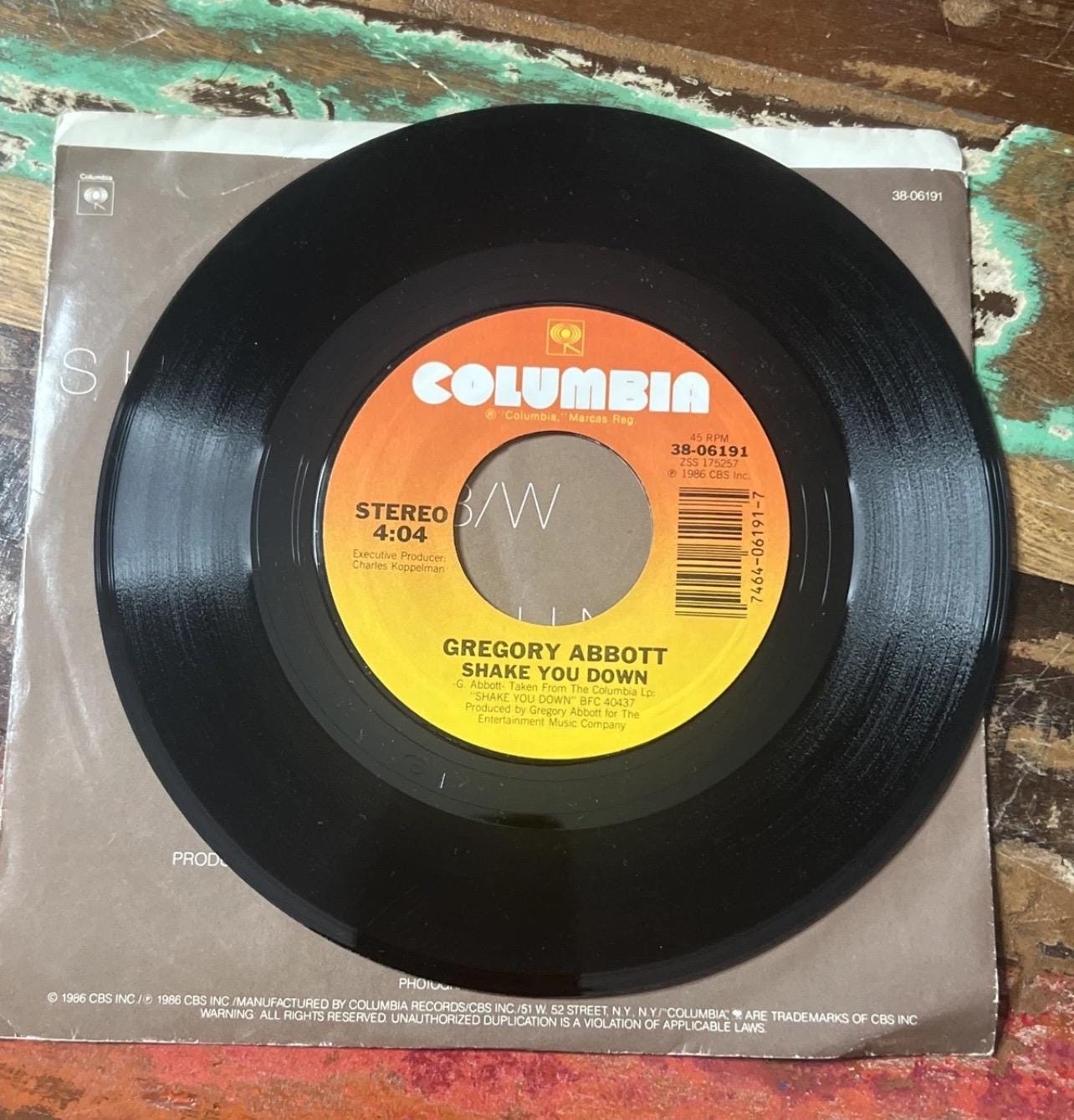 GREGORY ABBOTT - Shake You Down - Columbia Records - 45 Record & Sleeve 1986-  Vintage Vinyl - Retro