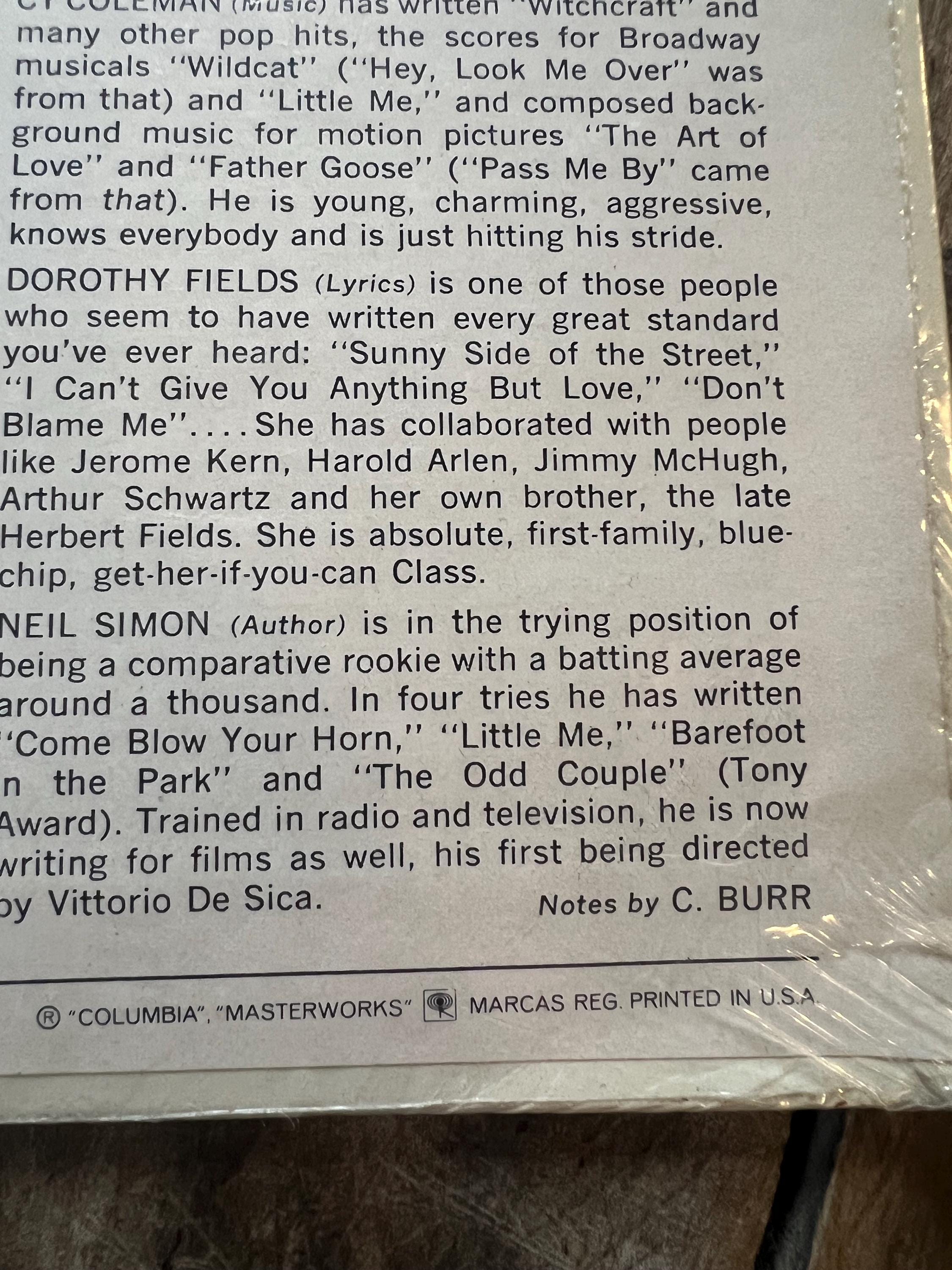 Vintage 1966 Gwen Verdon Sweet Charity LP - Columbia Masterworks Vinyl
