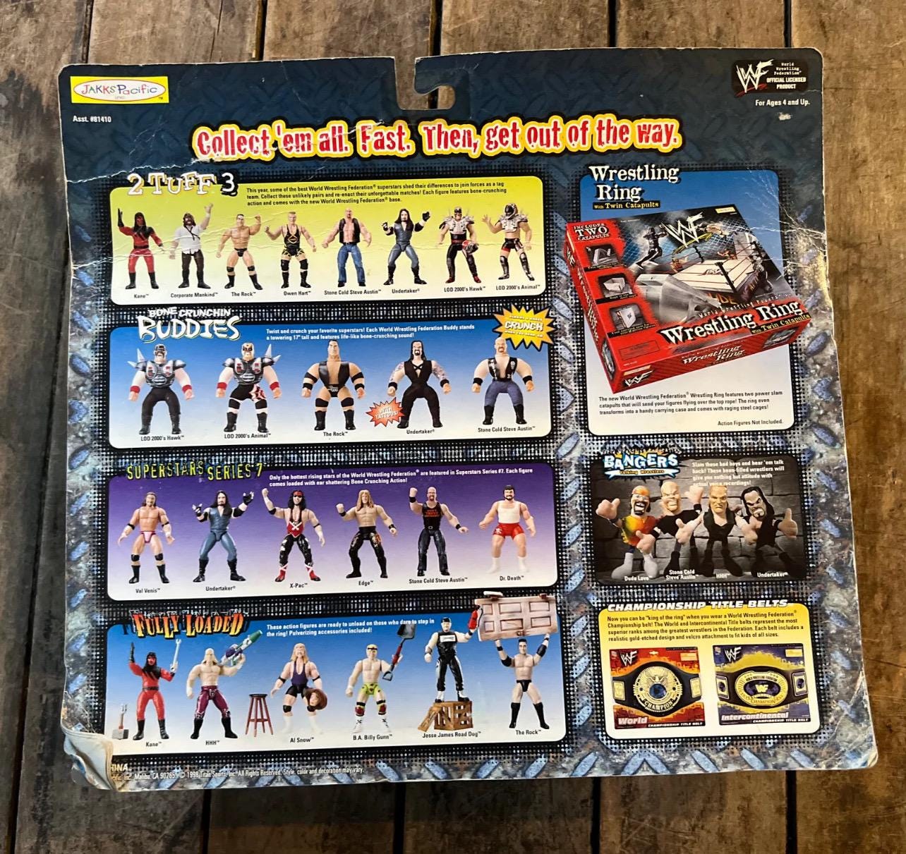 Vintage 1998 WWF The Rock & Owen Hart Wrestlemania 2 Tuff 3 Action Figures - Jakks MOC