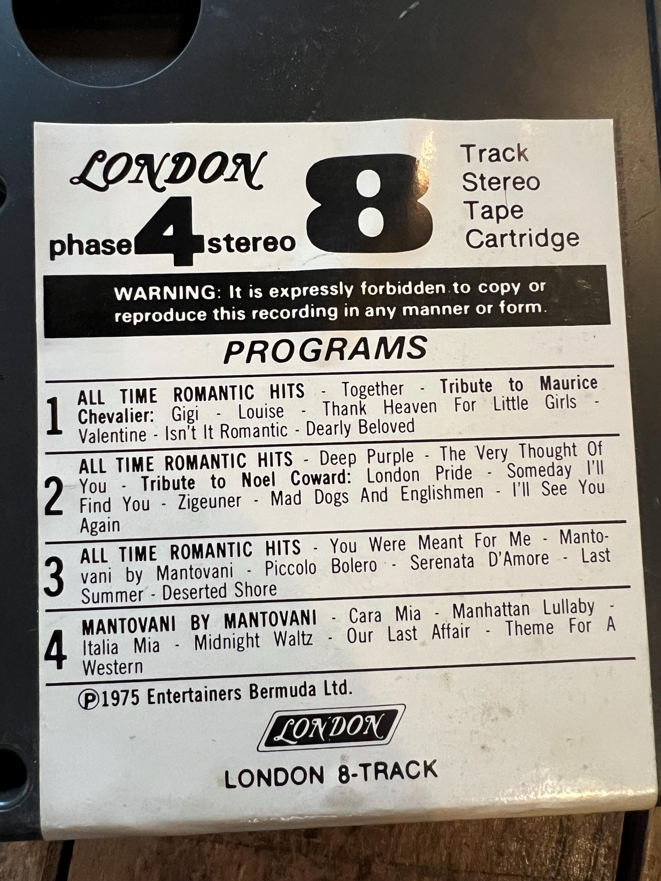 1975 Mantovani Plays All Time Romantic Hits - London Records 8-Track Tape