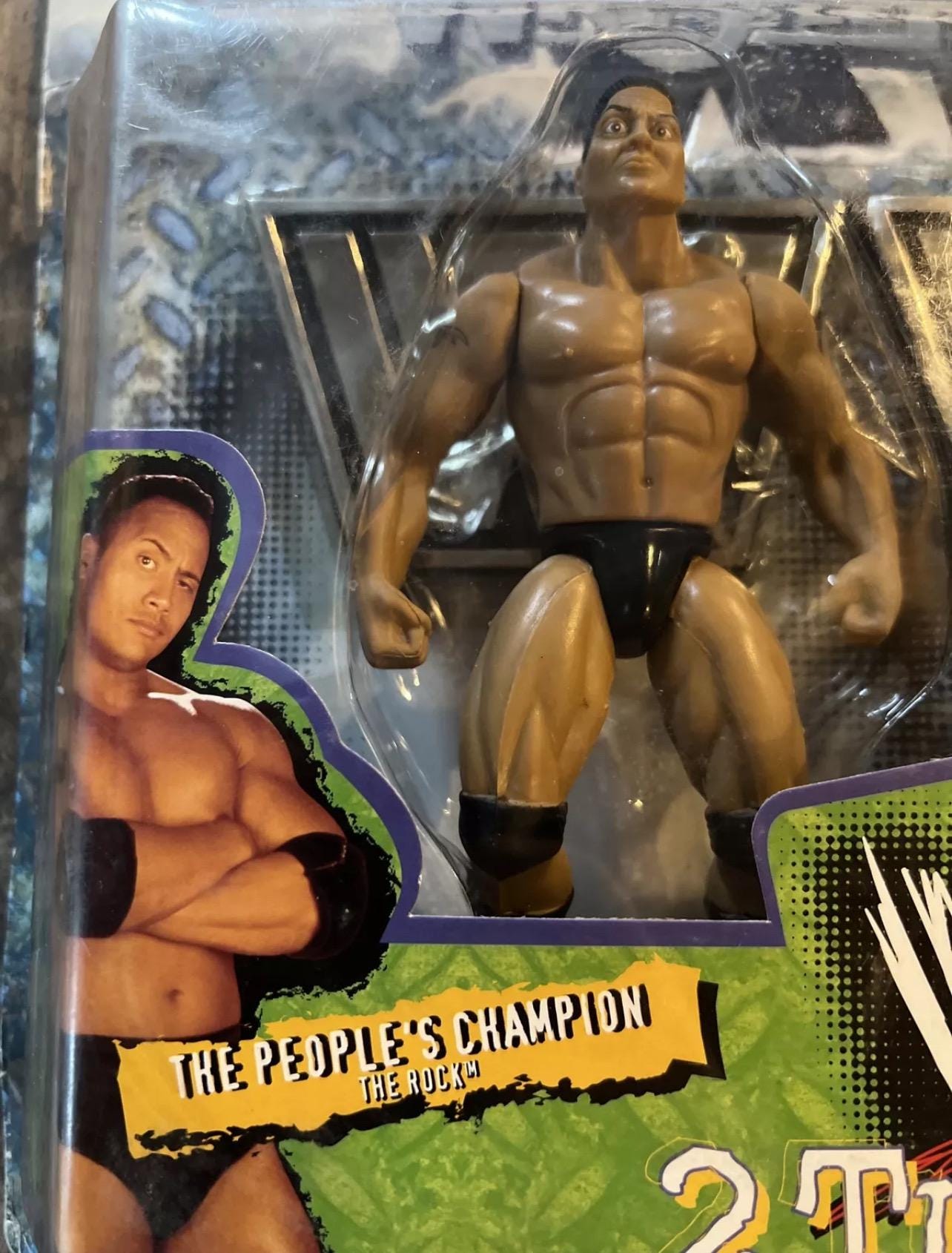 Vintage 1998 WWF The Rock & Owen Hart Wrestlemania 2 Tuff 3 Action Figures - Jakks MOC