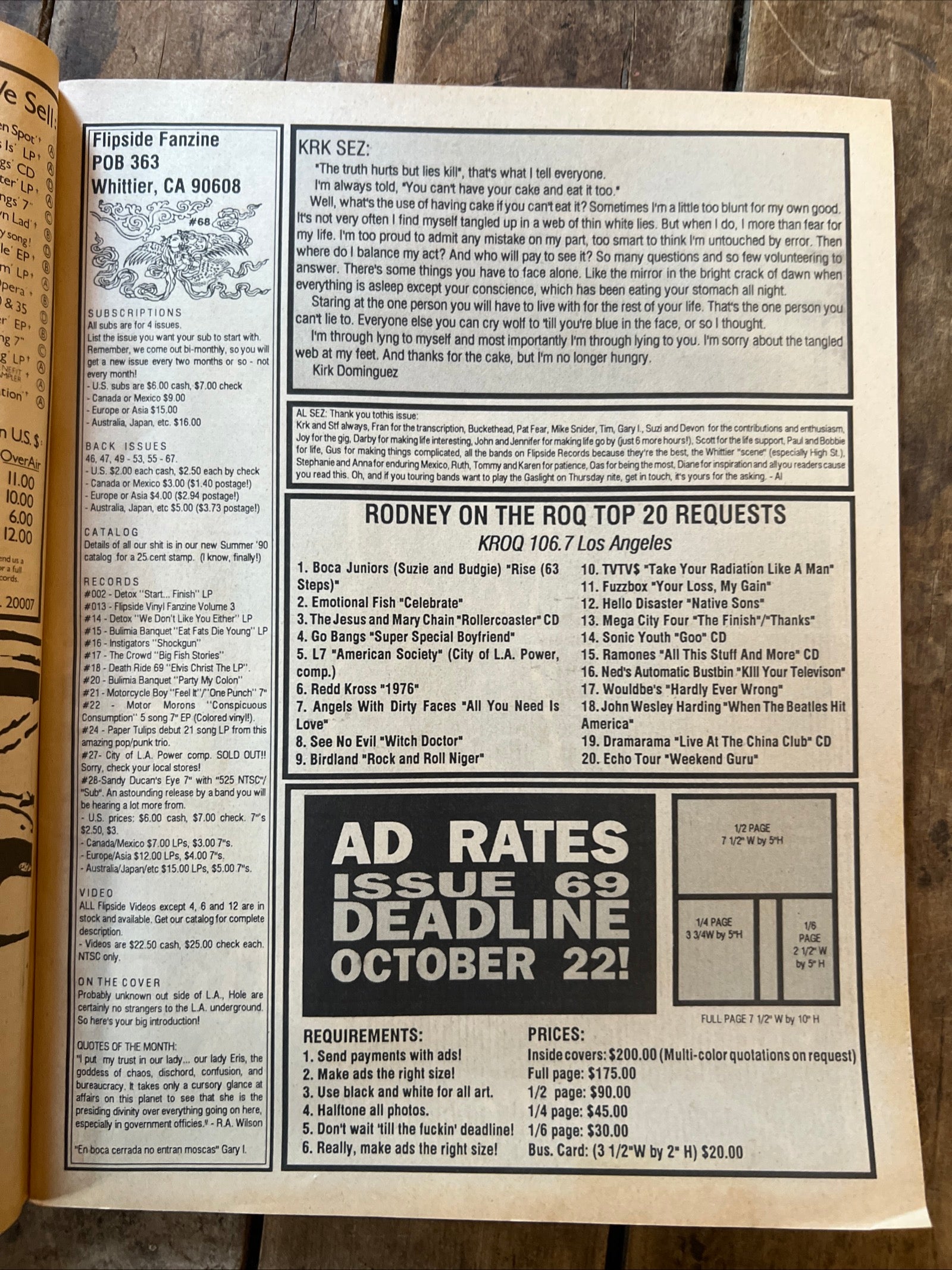 FLIPSIDE Magazine Punk Rock Fanzine - September / October 1990 - HOLE Cover