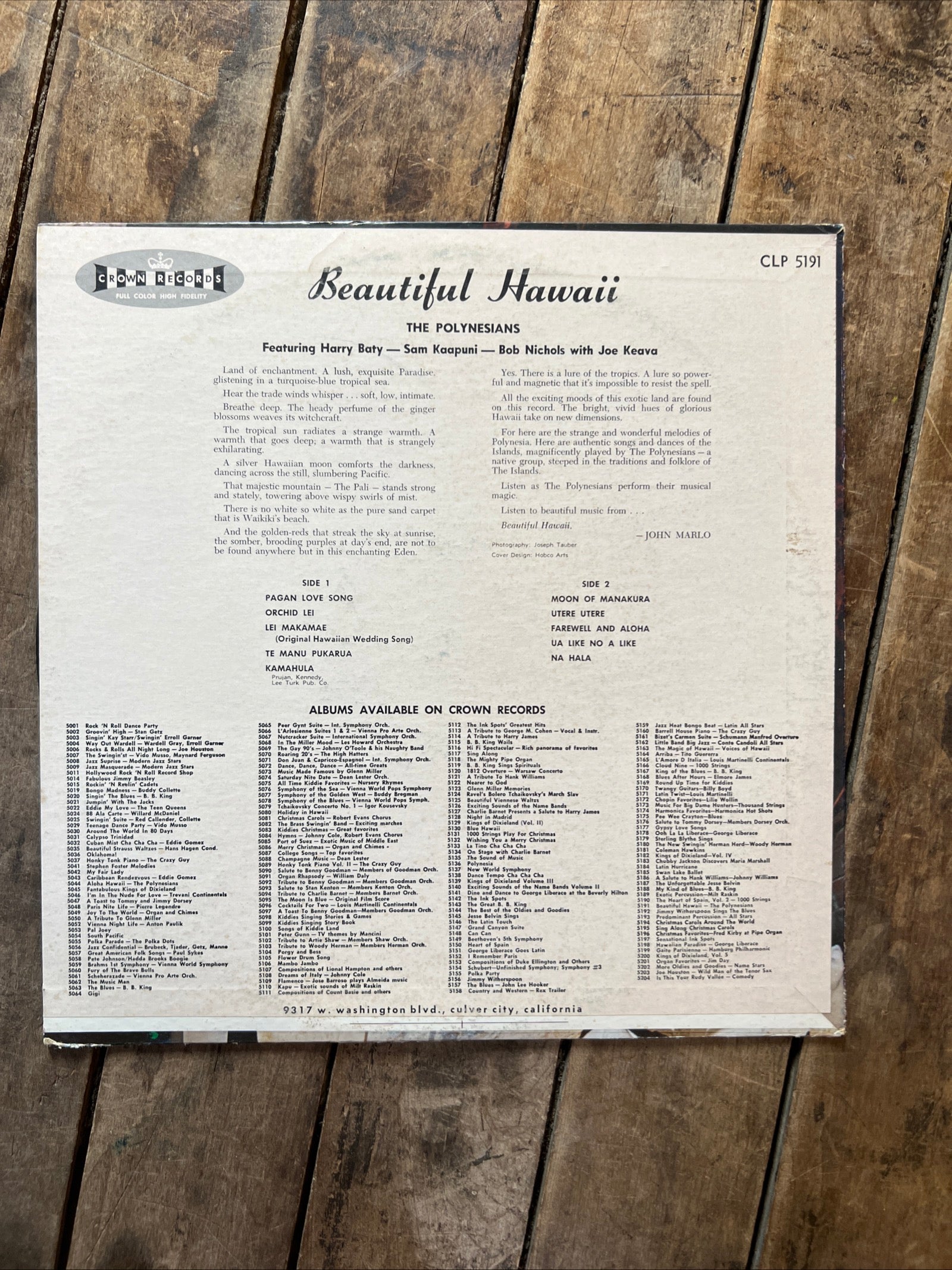 The Polynesians - Beautiful Hawaii - 1960 Crown Records - Vinyl Record LP Album
