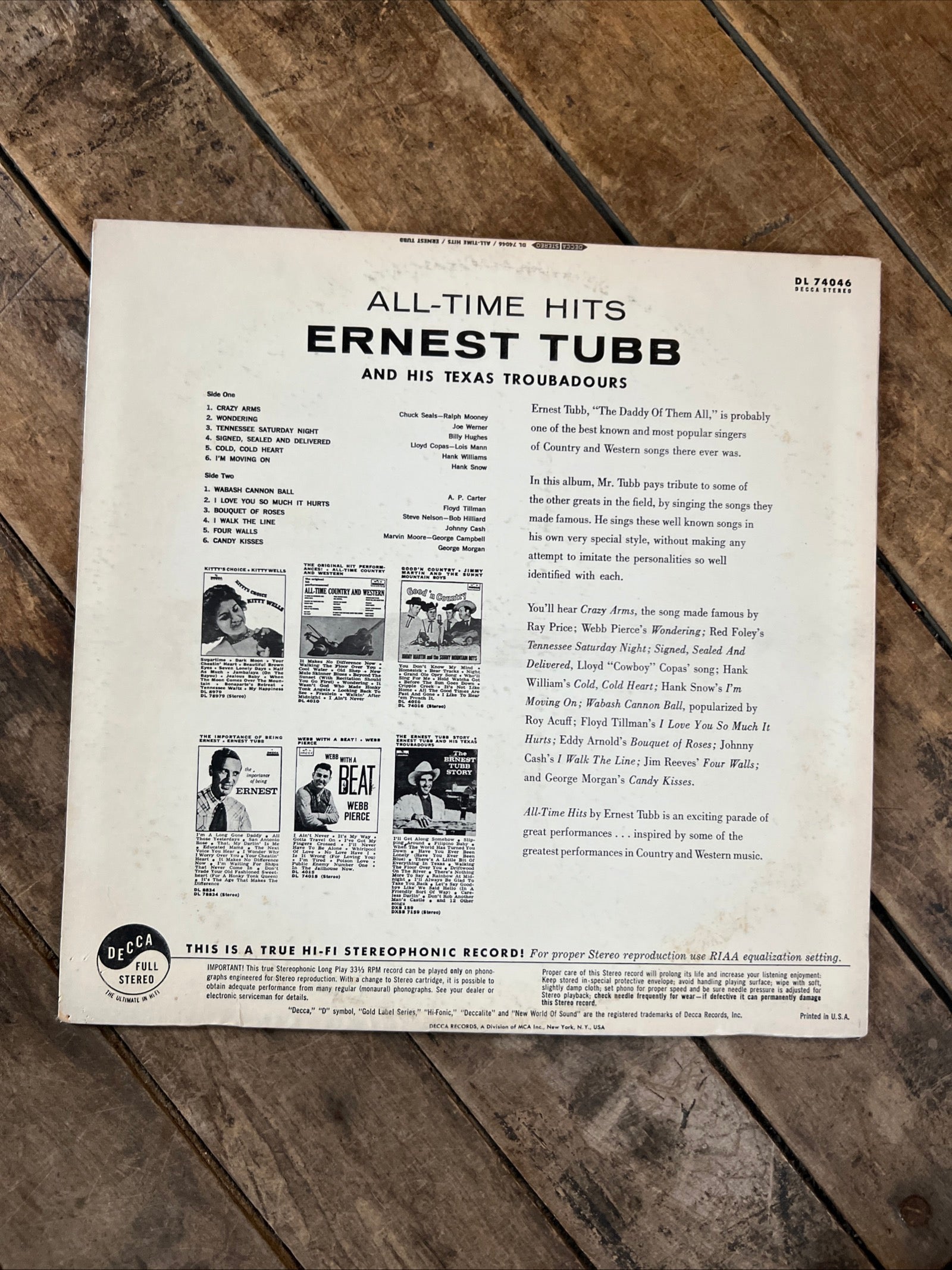 All Time Hits - Ernest Tubs and His Texas Troubadours - 1960 Decca Records LP