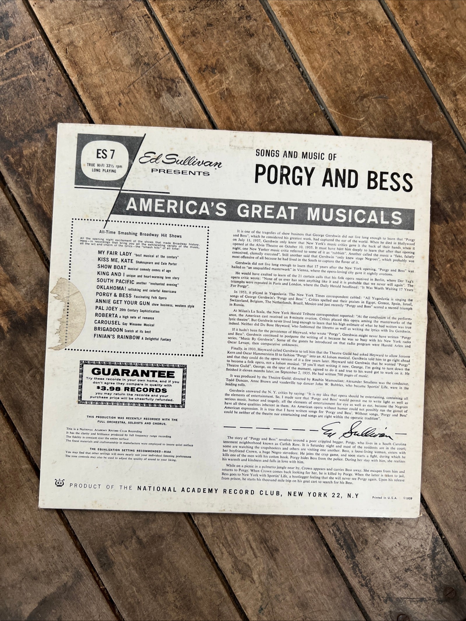 Ed Sullivan presents Porgy and Bess - 1959 National Academy Record Club LP Album