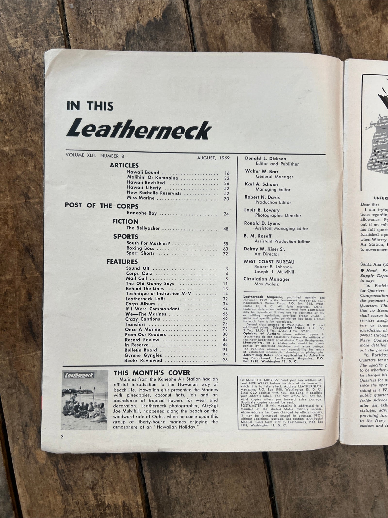 Leatherneck Magazine Of The Marines - August 1959 Issue - Hawaii Cover