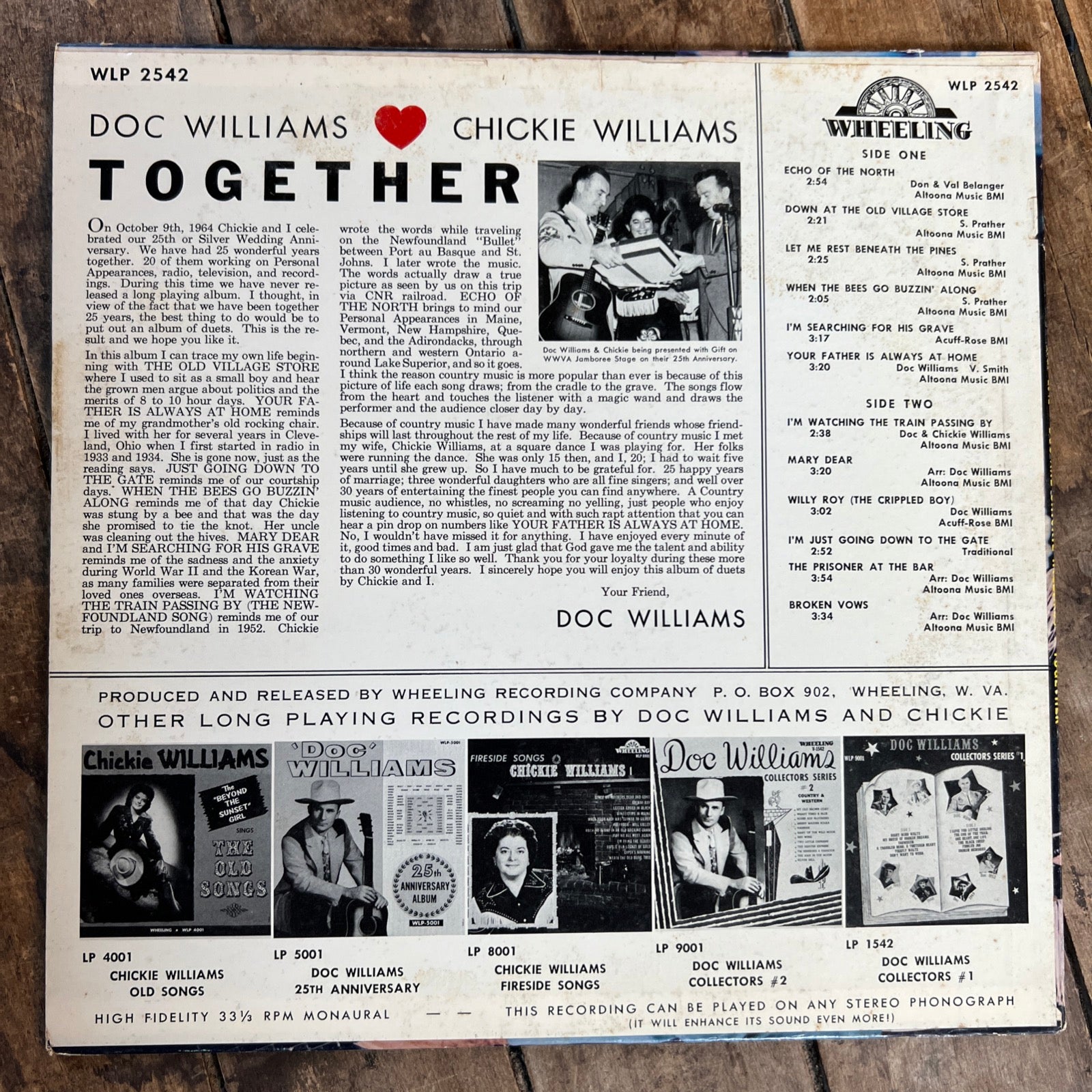 Doc ‘N Chickie Williams TOGETHER - 1965 Wheeling Records - LP Vinyl Record