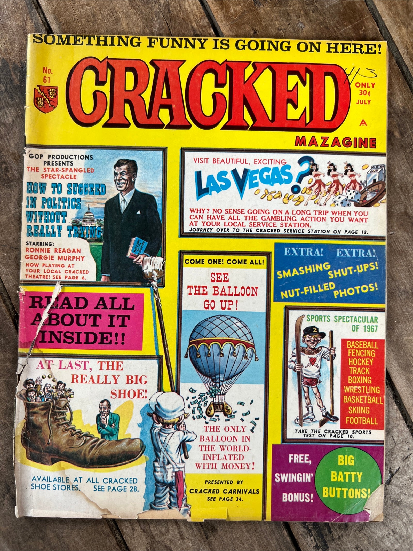 CRACKED Magazine - July 1967 Issue # 61 - Adult Humor & Comics - Ronald Reagan