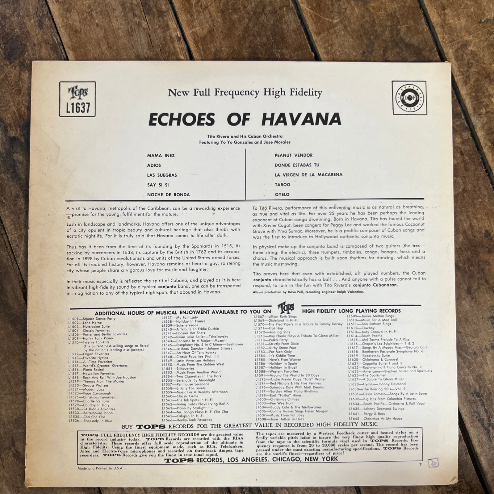 Tito Rivera & His Cuban Orchestra - Havana Holiday - 1958 Tops Records LP Vinyl