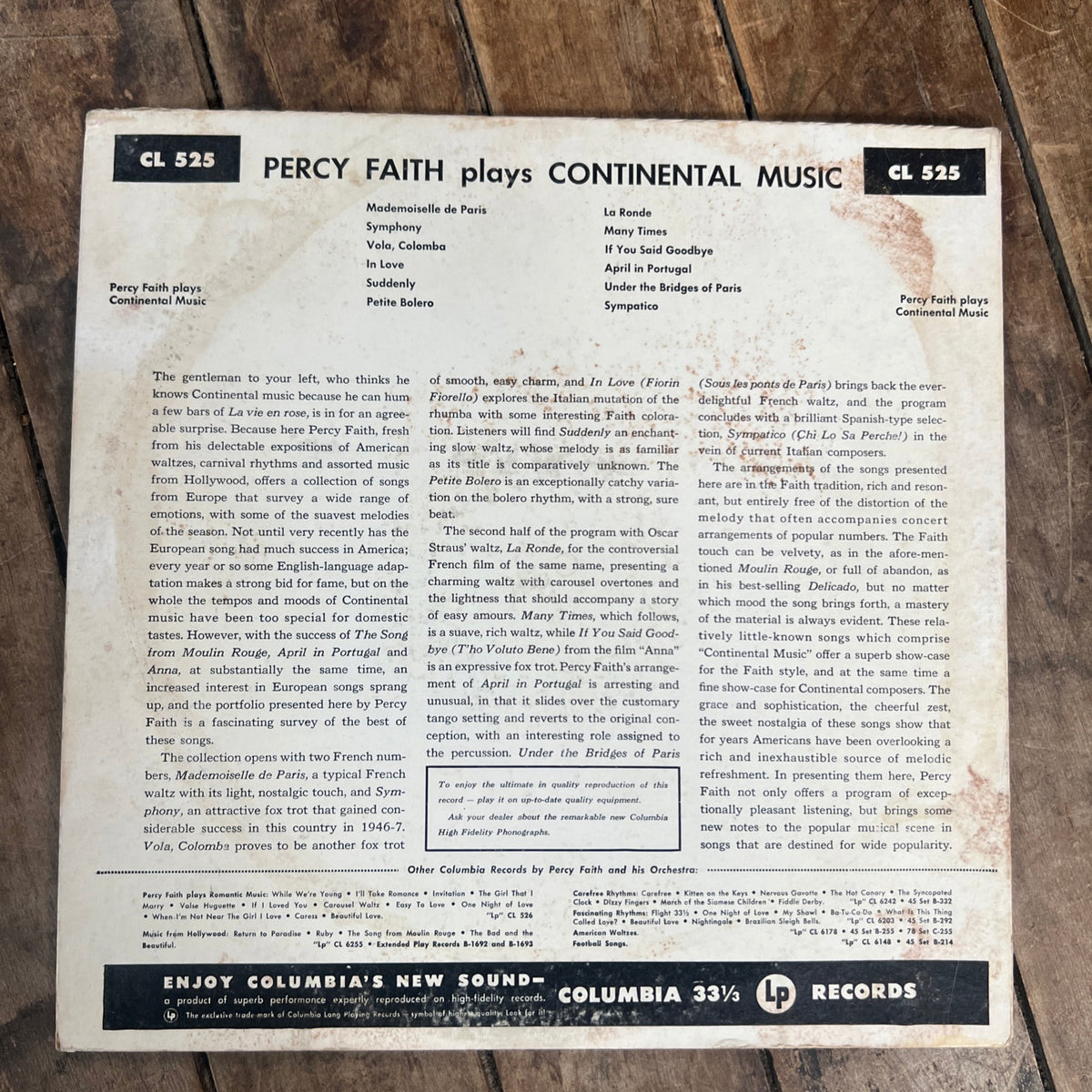 Percy Faith Plays Continental Music - 1953 Columbia Records - LP Vinyl Album