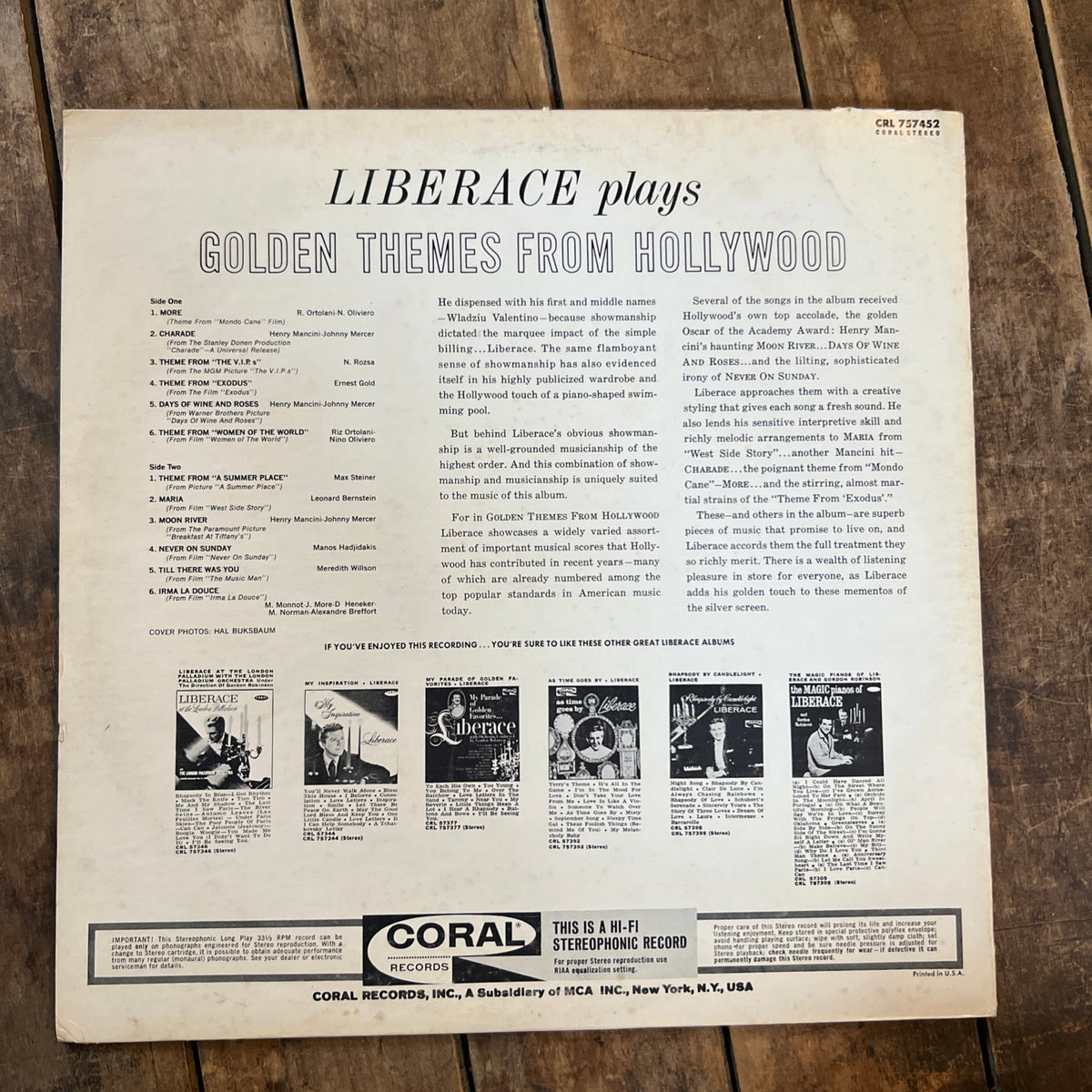 Liberace Plays The Golden Themes From Hollywood - 1964 Coral Records - LP Vinyl Album