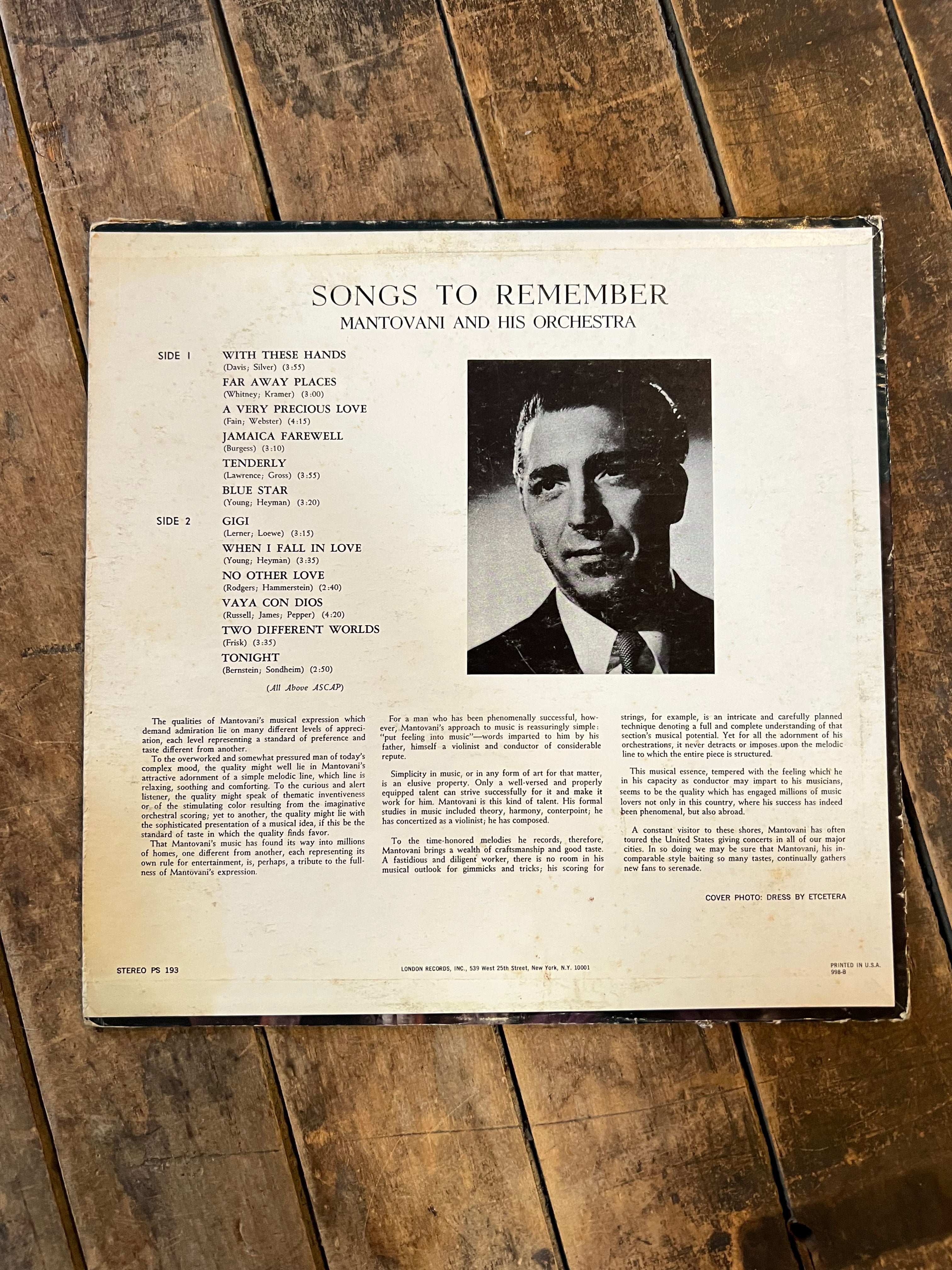 Mantovani - Songs To Remember - 1960 London Records - LP Vinyl Album