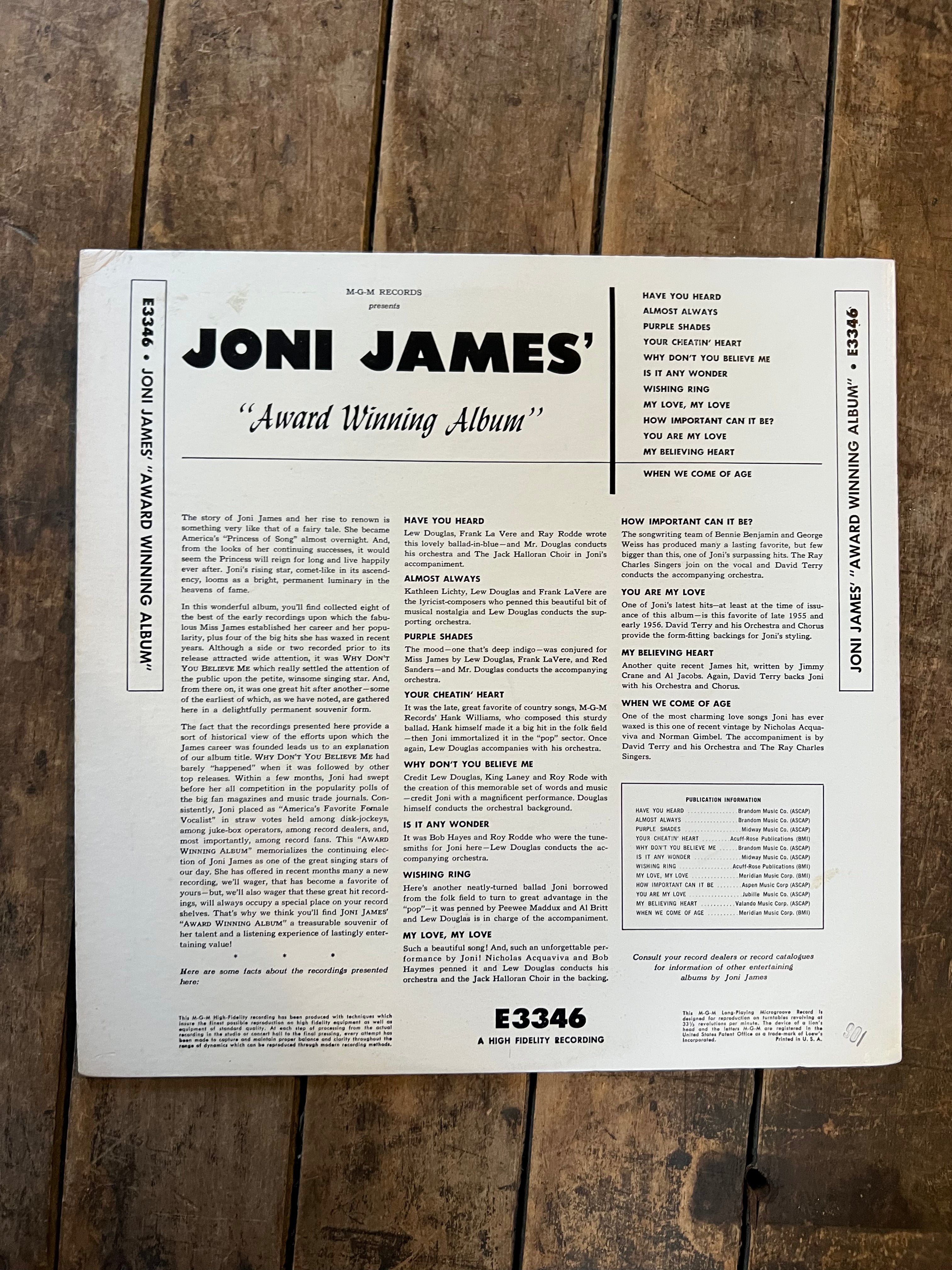 Joni James - Award Winning Album - 1954 MGM Record - LP Vinyl Album