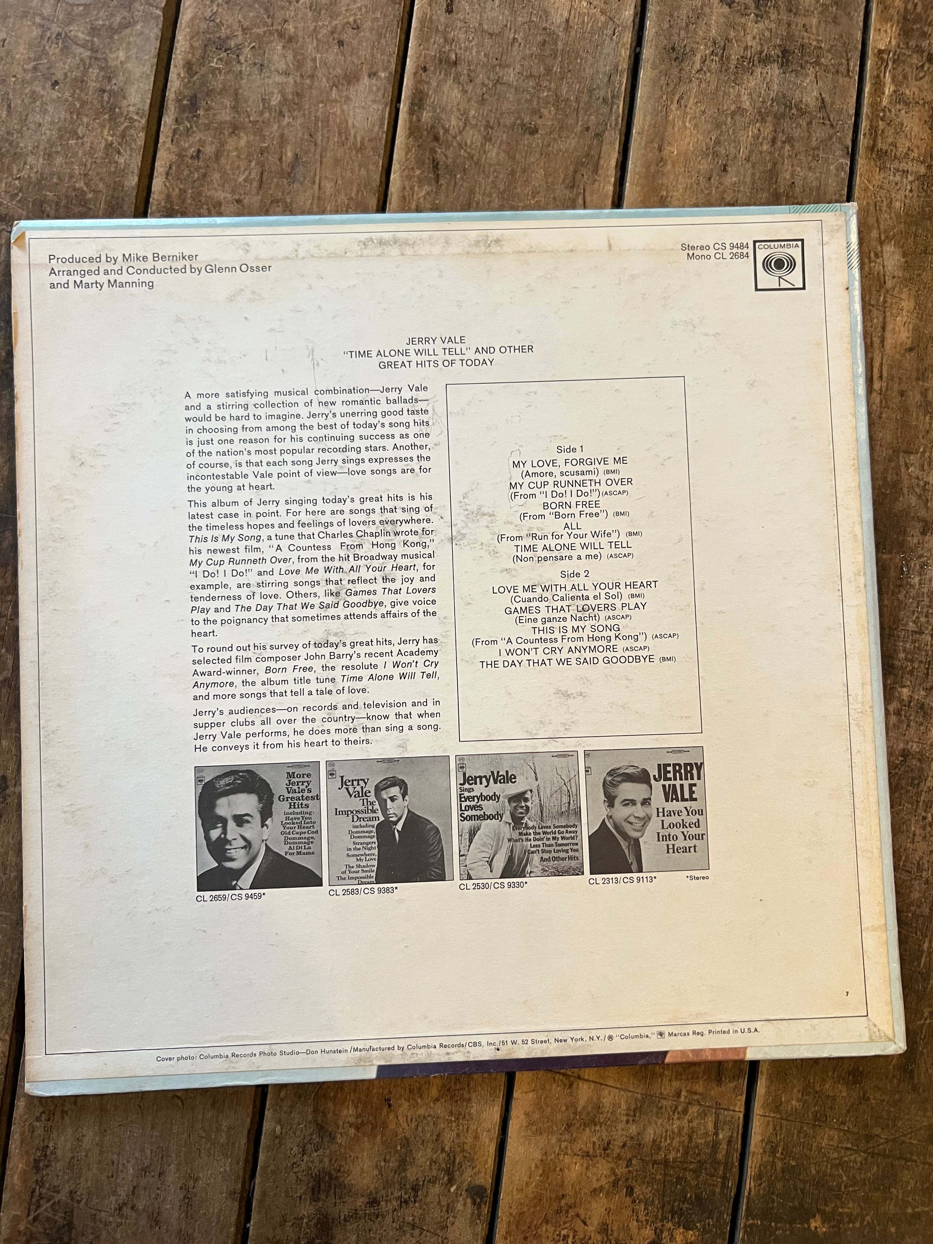 Jerry Vale - Time Alone Will Tell and Other Great Hits of Today - 1967 Columbia Record - LP Vinyl Album