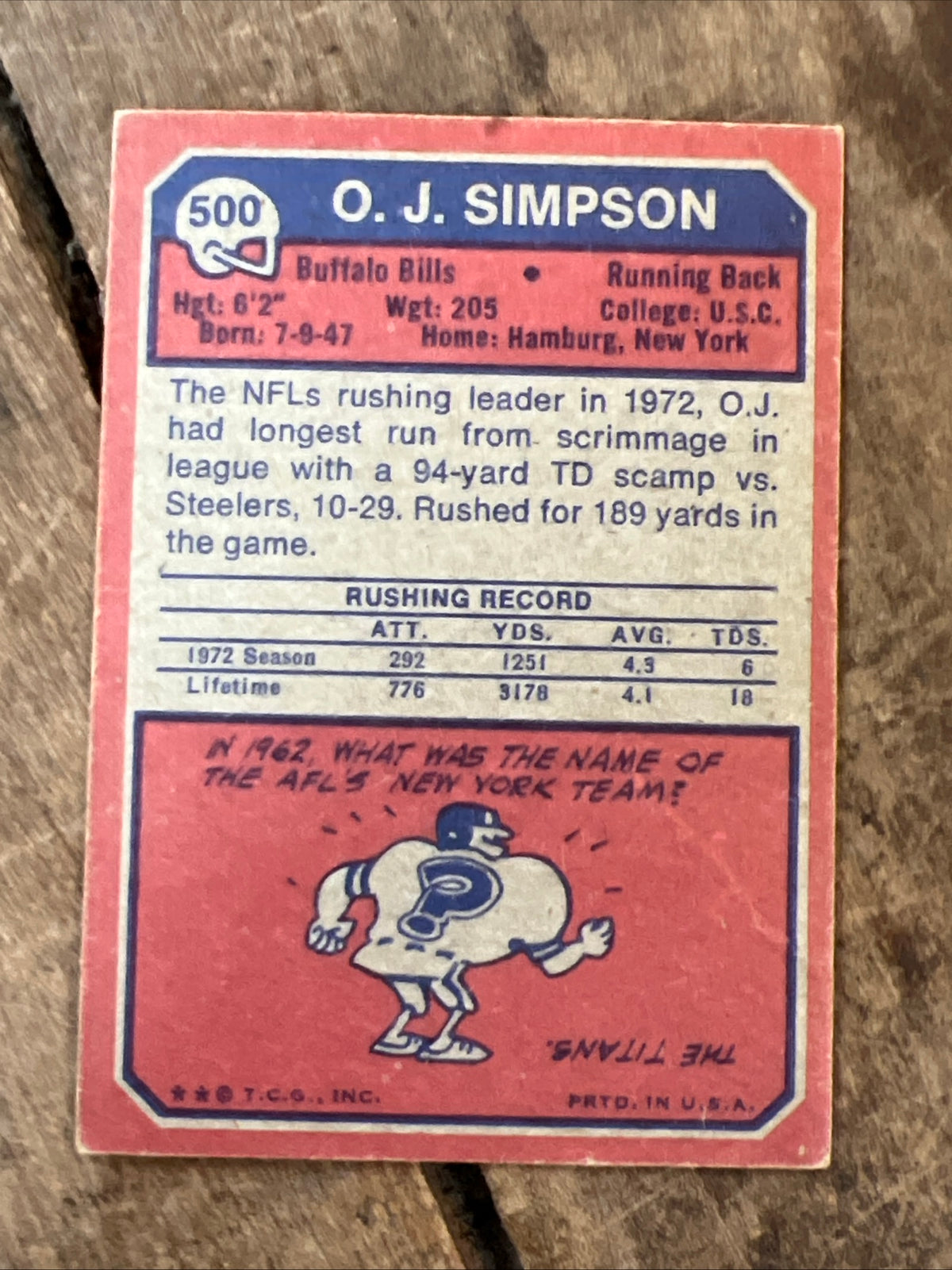 1973 Topps - O.J. Simpson #500 - NFL Buffalo Bills Football Card