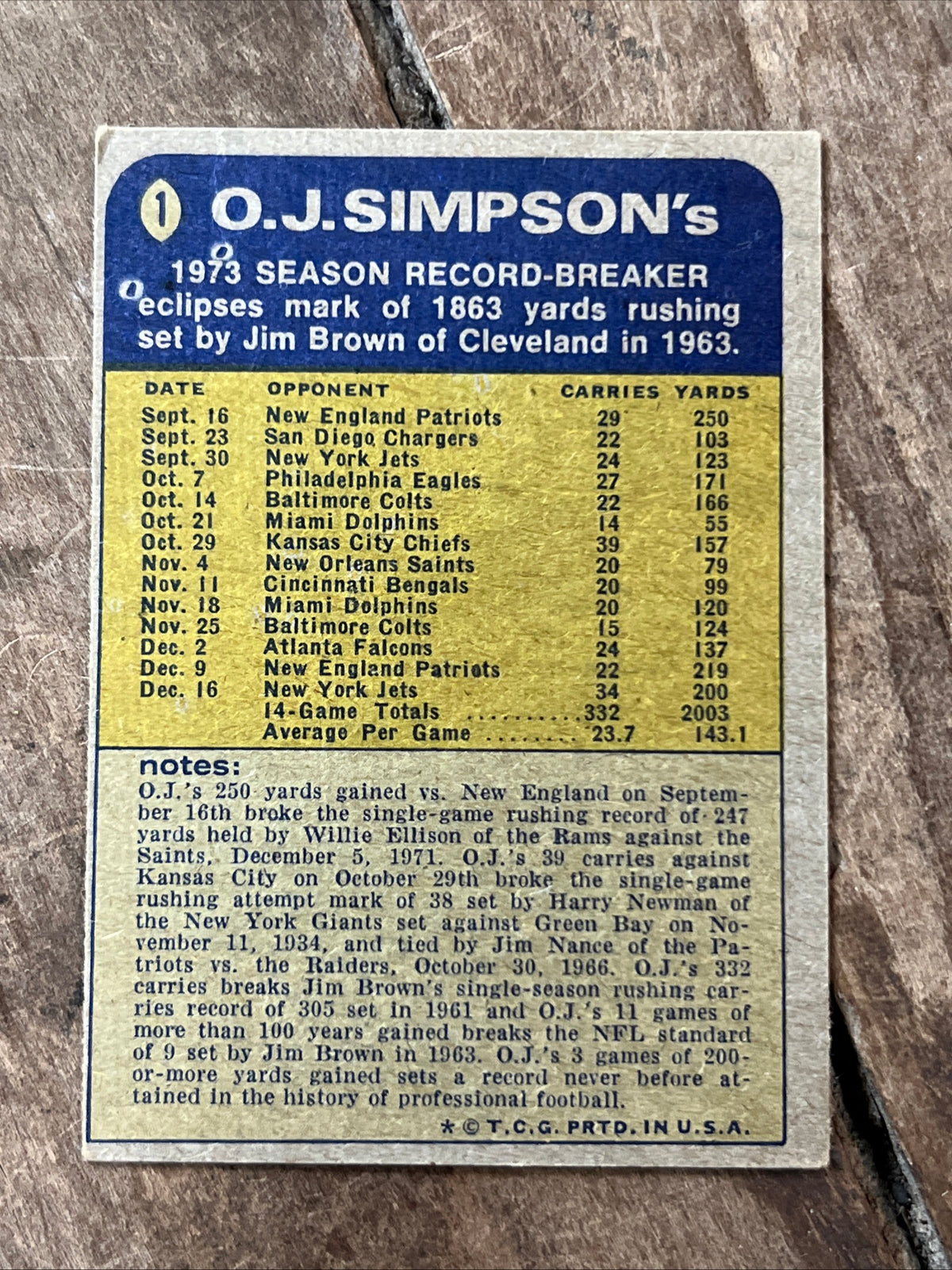 1974 Topps - Record Breaker O.J. Simpson #1 - NFL Buffalo Bills All Time Single Season Rushing Leader