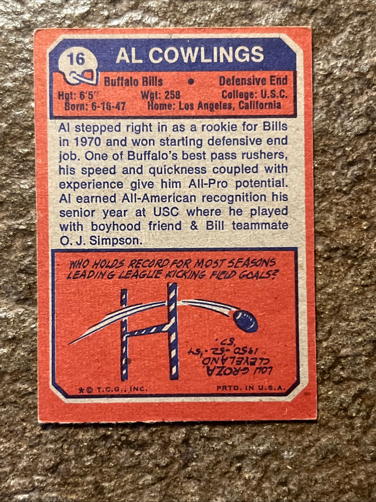 1973 Topps - Al Cowlings #16 (RC) NFL ROOKIE Card - Buffalo Bills