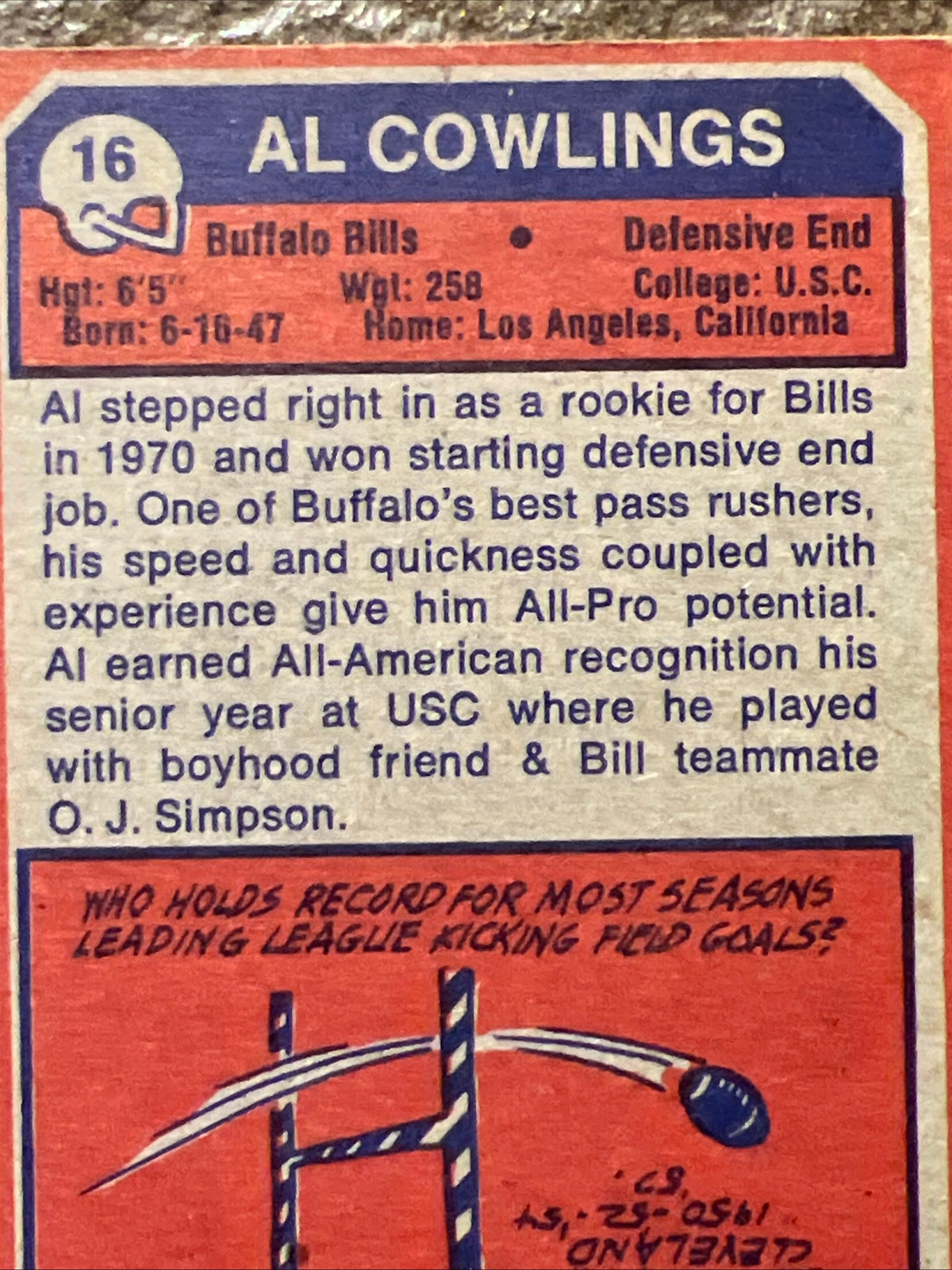 1973 Topps - Al Cowlings #16 (RC) NFL ROOKIE Card - Buffalo Bills