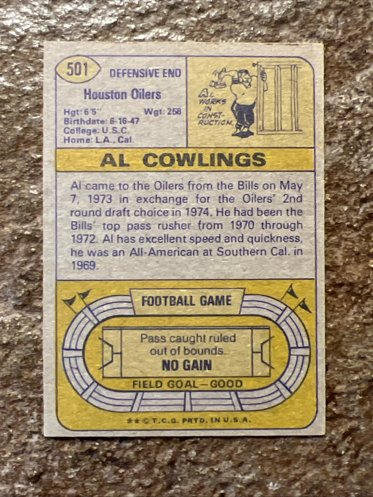 1974 Topps - Al Cowlings #501 - NFL Houston Oilers - Football