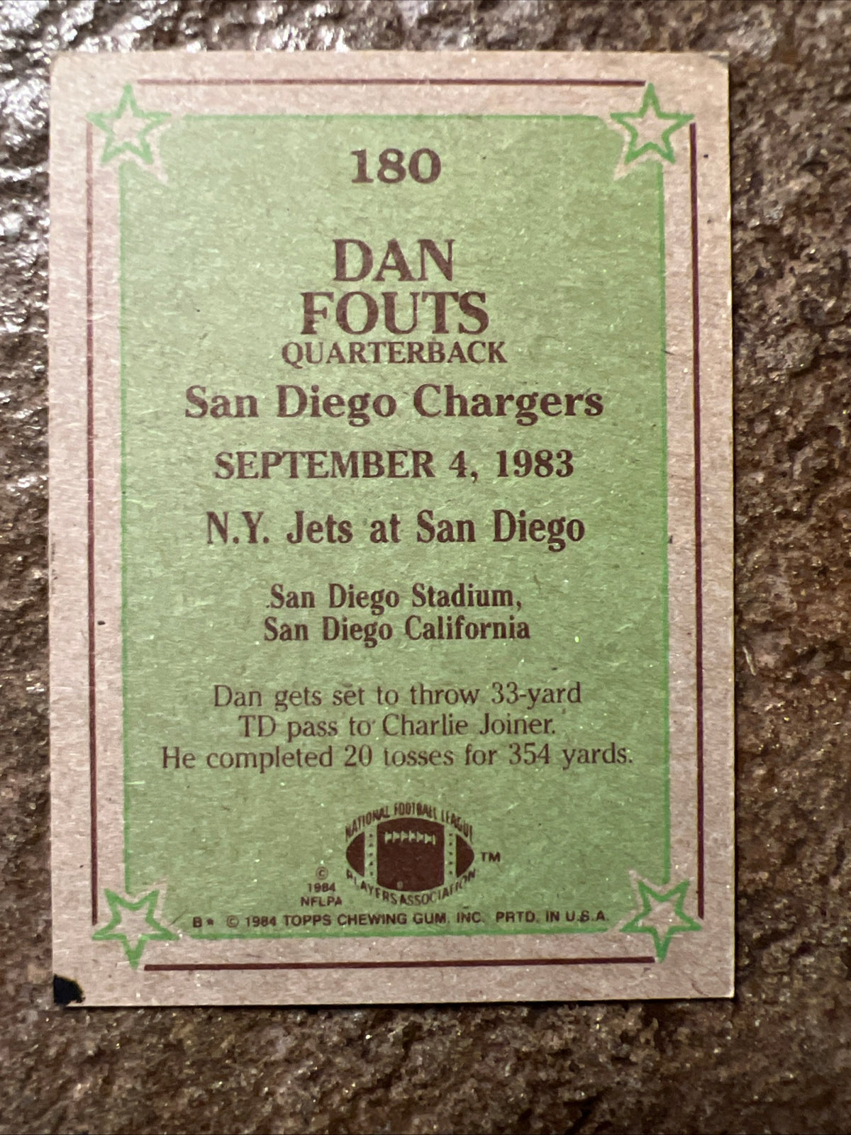 1984 Topps - Instant Replay Dan Fouts #180 -San Diego Chargers QB Football Card