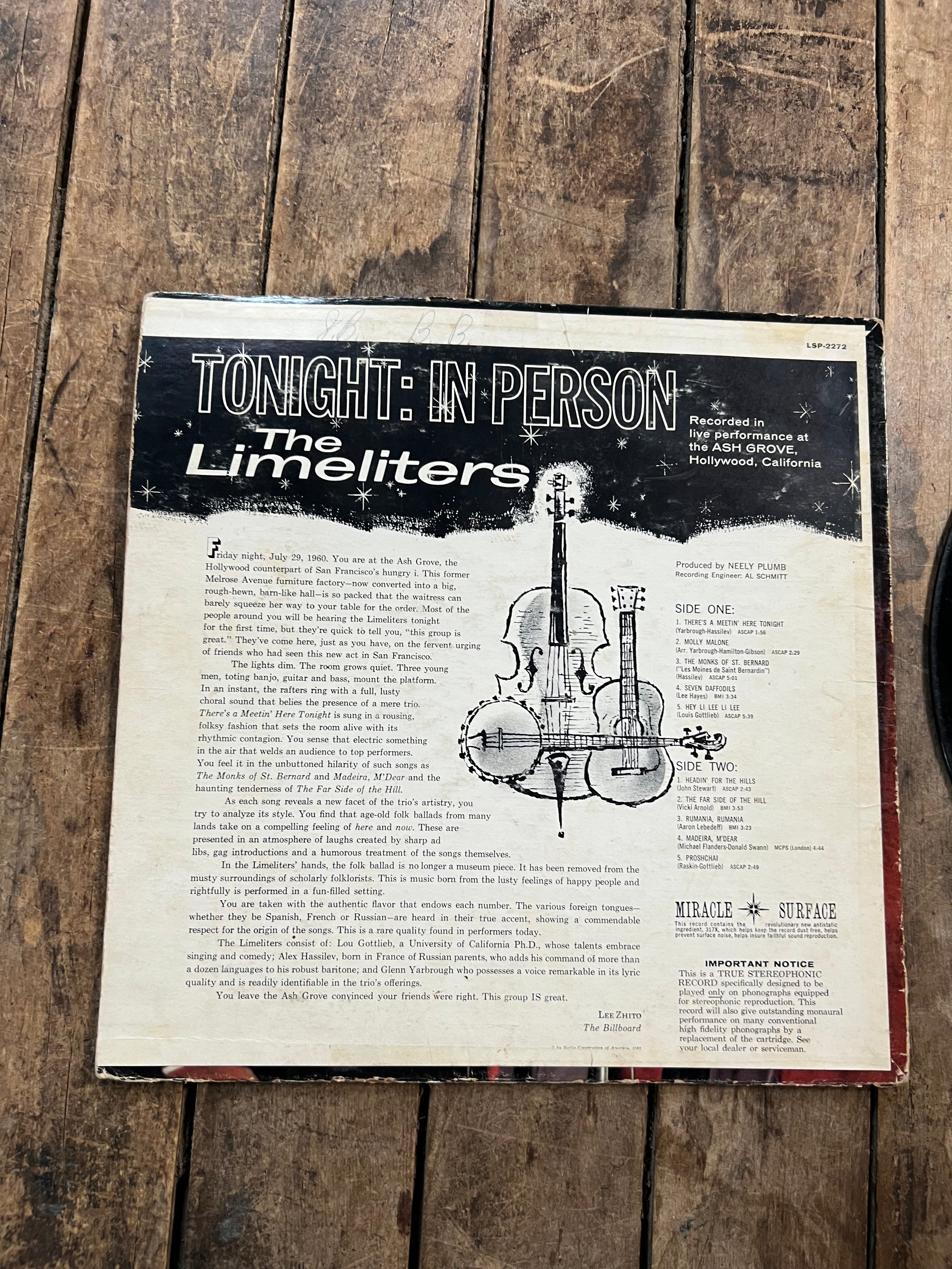 The Limeliters “Tonight : In Person “ 1961 RCA Victor Records - Vinyl LP Album