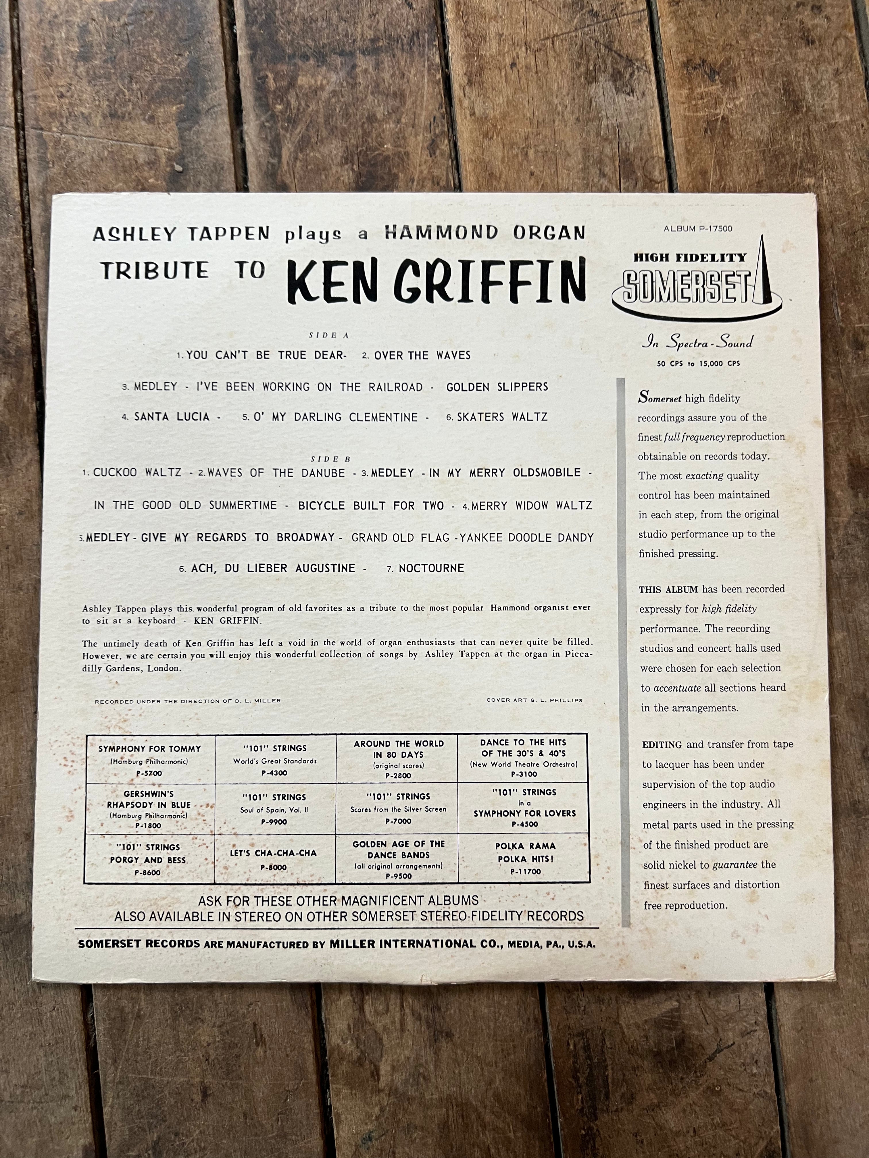 Ashley Tappen - An Organ Tribute To Ken Griffin - Somerset Records Vinyl LP Album