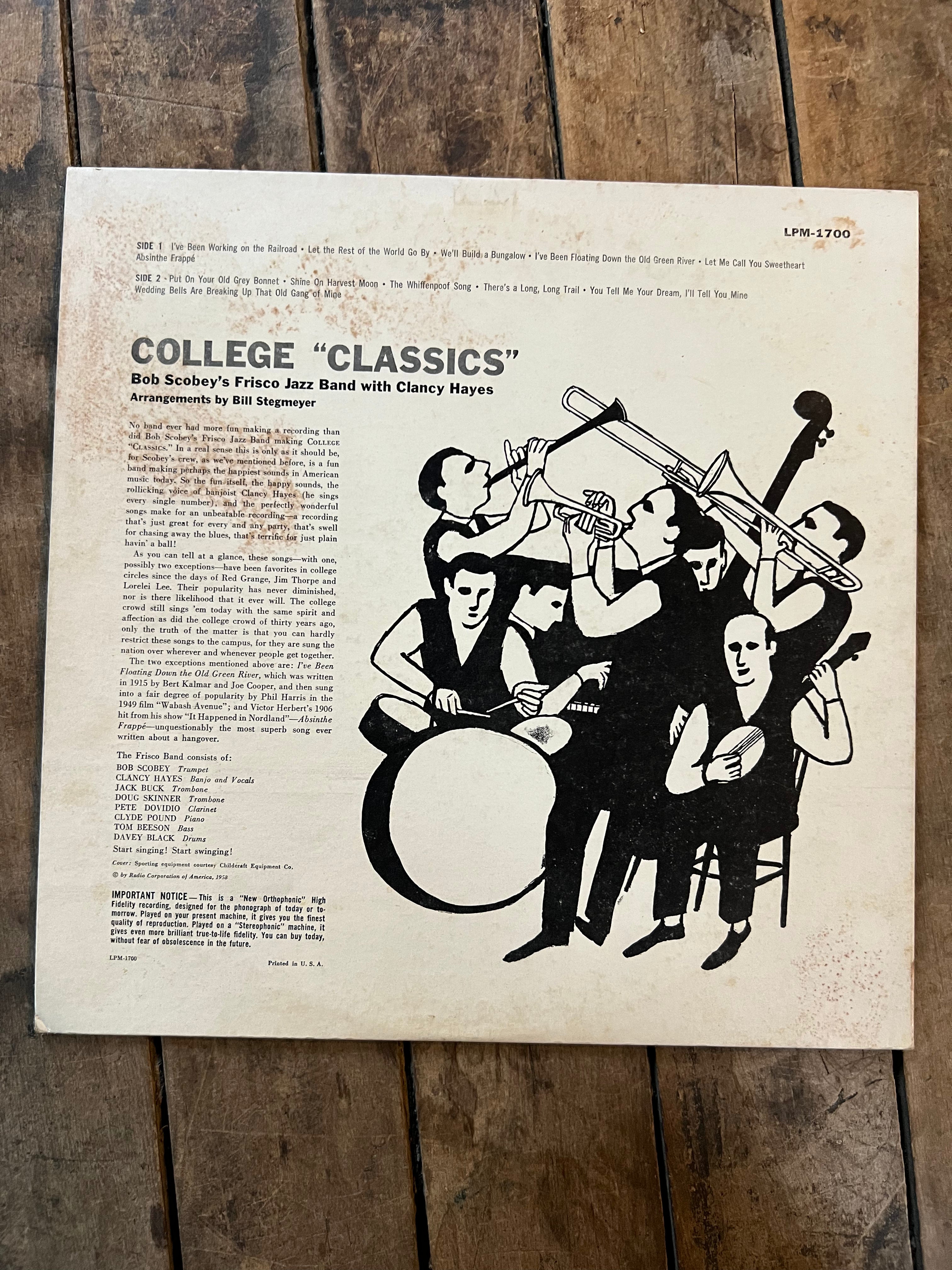 Bob Scobey’s Frisco Band with Clancy Hayes “College Classics “ 1959 RCA Victor Records Vinyl LP