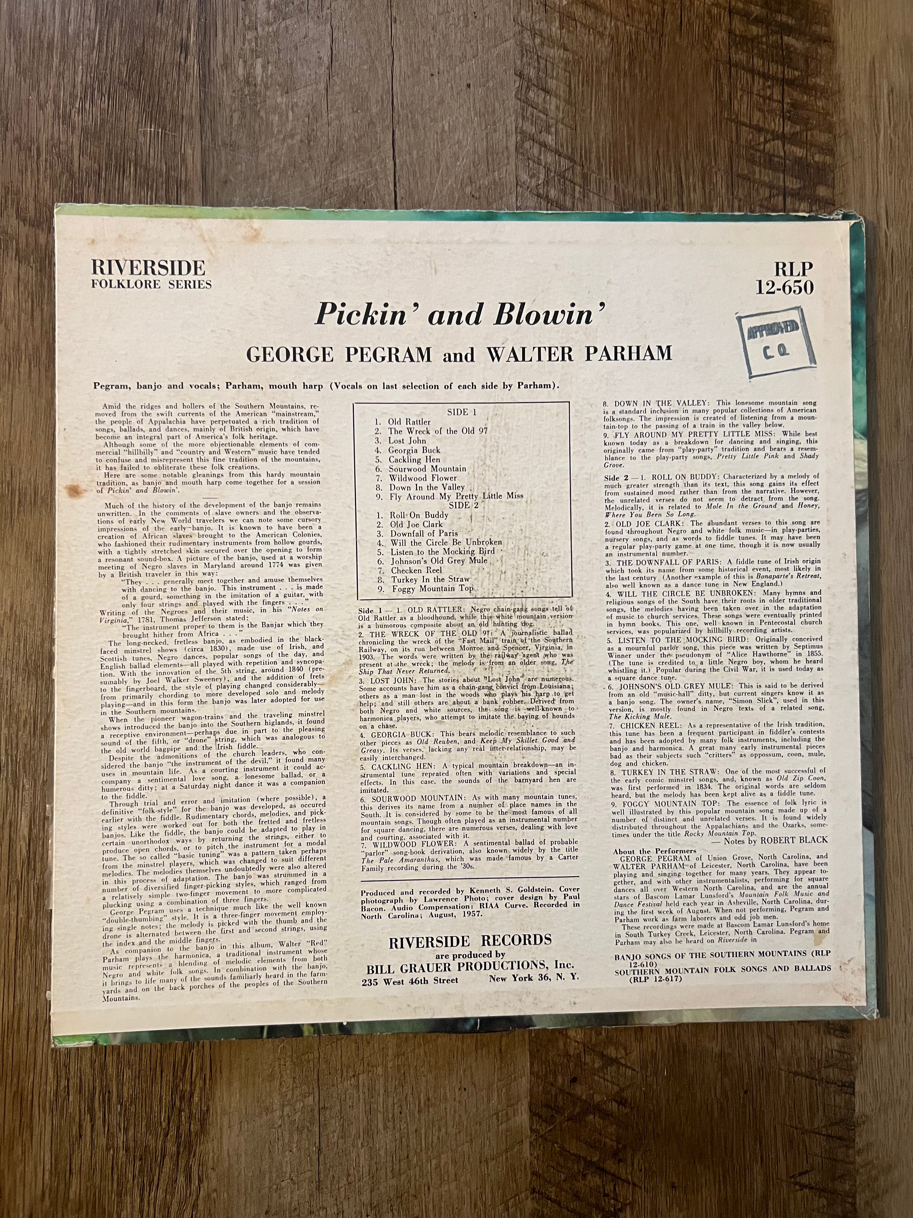 Pickin’ And Blowin’ with George Pegram & Walter Parham- 1958 Riverside Records Vinyl LP