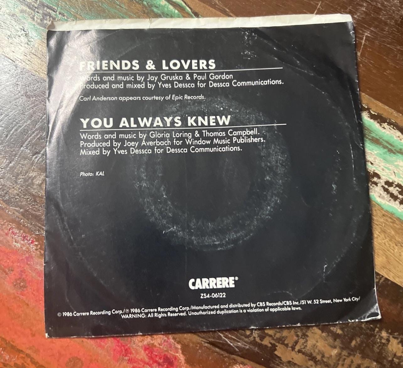 Friends and Lovers 45 Record - Gloria Loring and Carl Anderson, 1986 Retro Vinyl