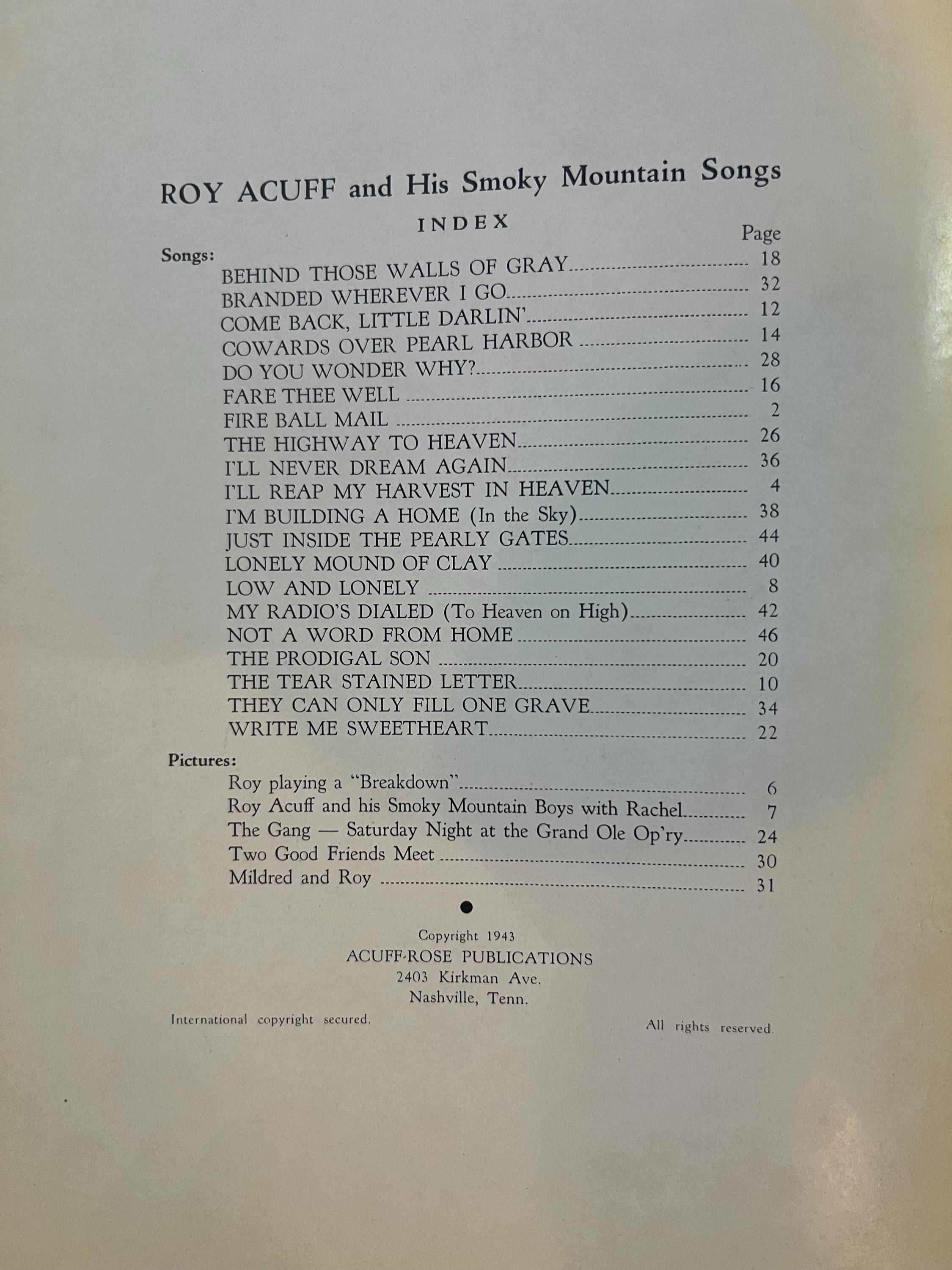 Vintage 1940s Roy Acuff Sheet Music: Smokey Mountain Songs