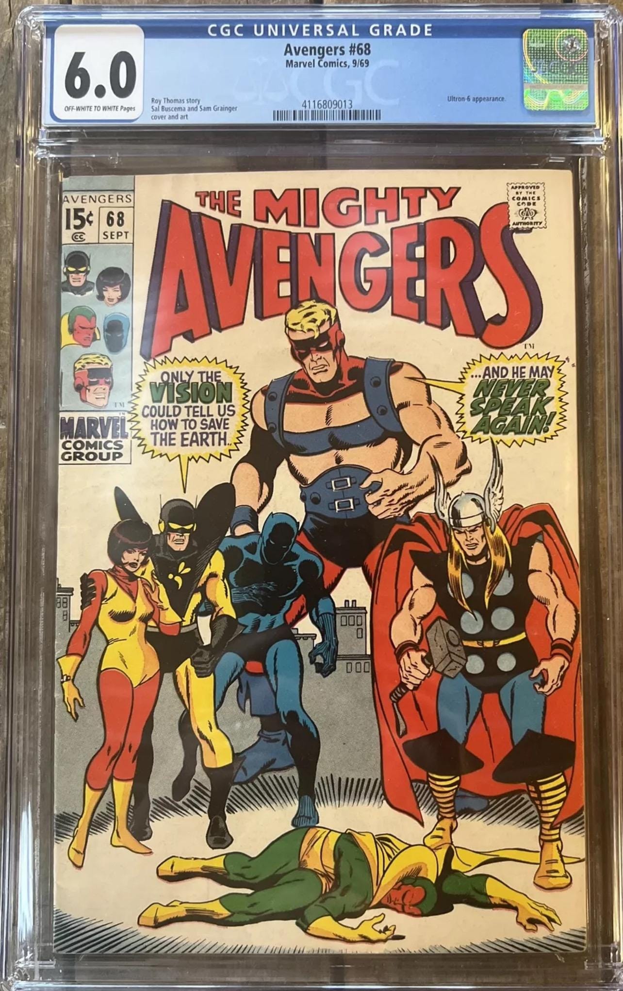 1969 The Mighty AVENGERS #68 - Marvel Comics - 15 Cent Comic - CGC Graded 6.0 - Ultron-6 Appearance