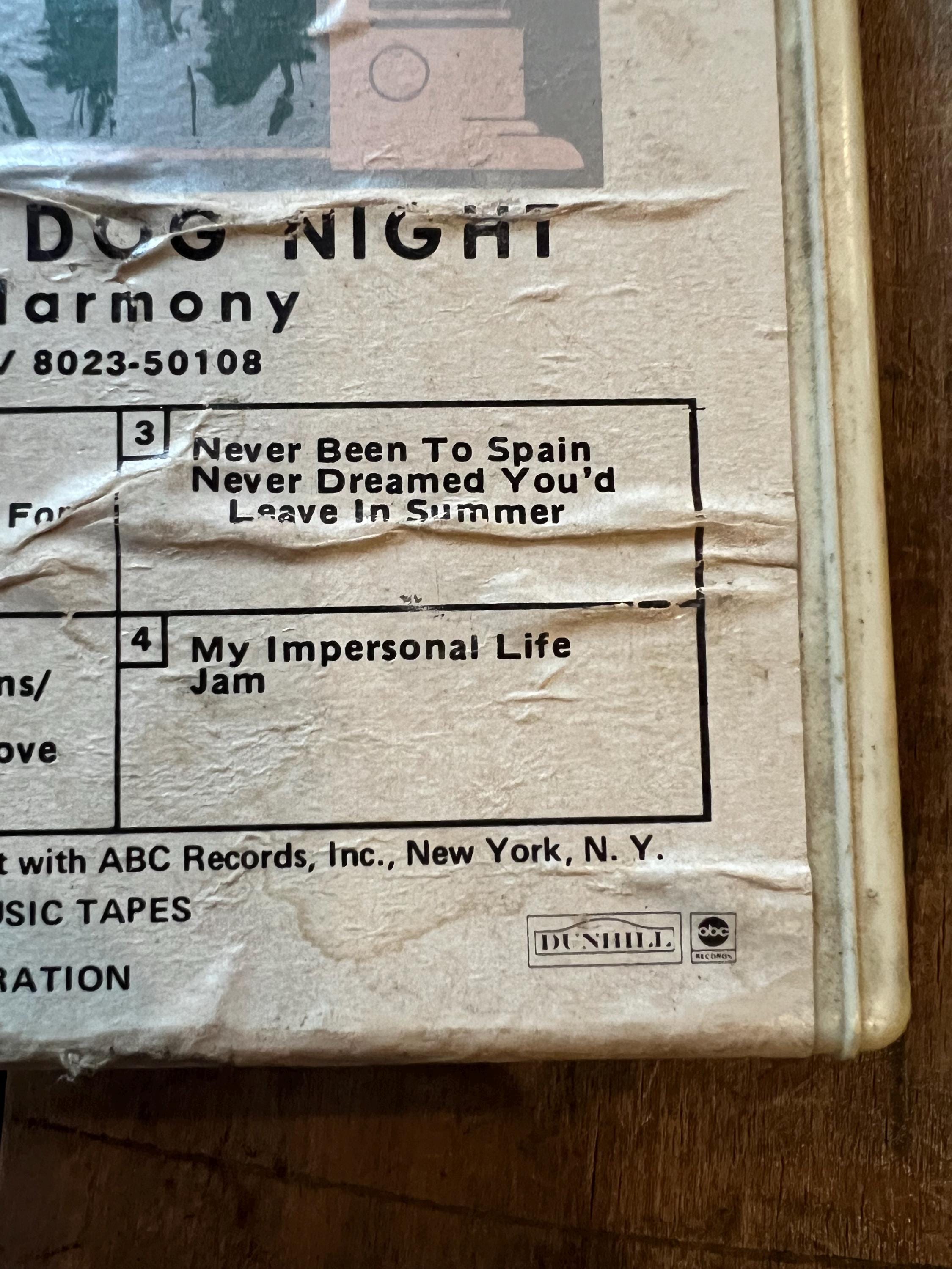 1971 Three Dog Night “Harmony” - Dunhill Records 8-Track Tape