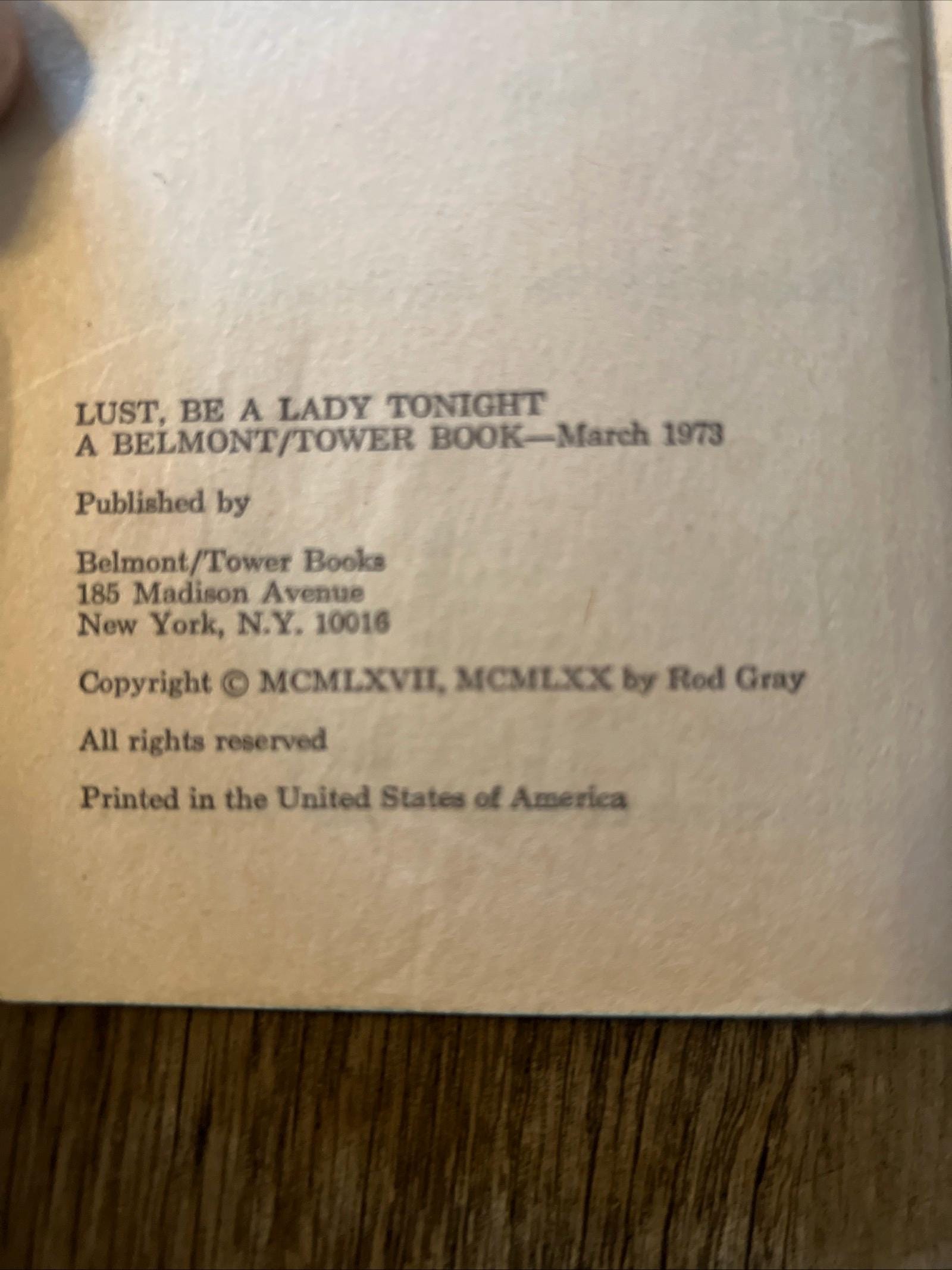 The Lady From L.U.S.T. by Rod Gray, 1973 Belmont Tower Book