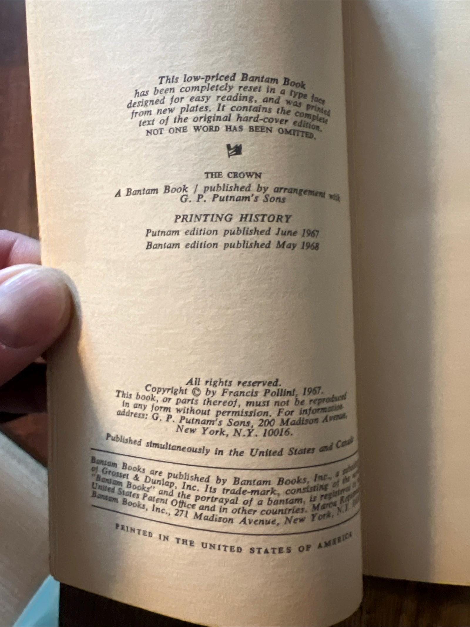 The Crown by Francis Pollini ( 1968 Bantam Books Paperback) Romace Novel