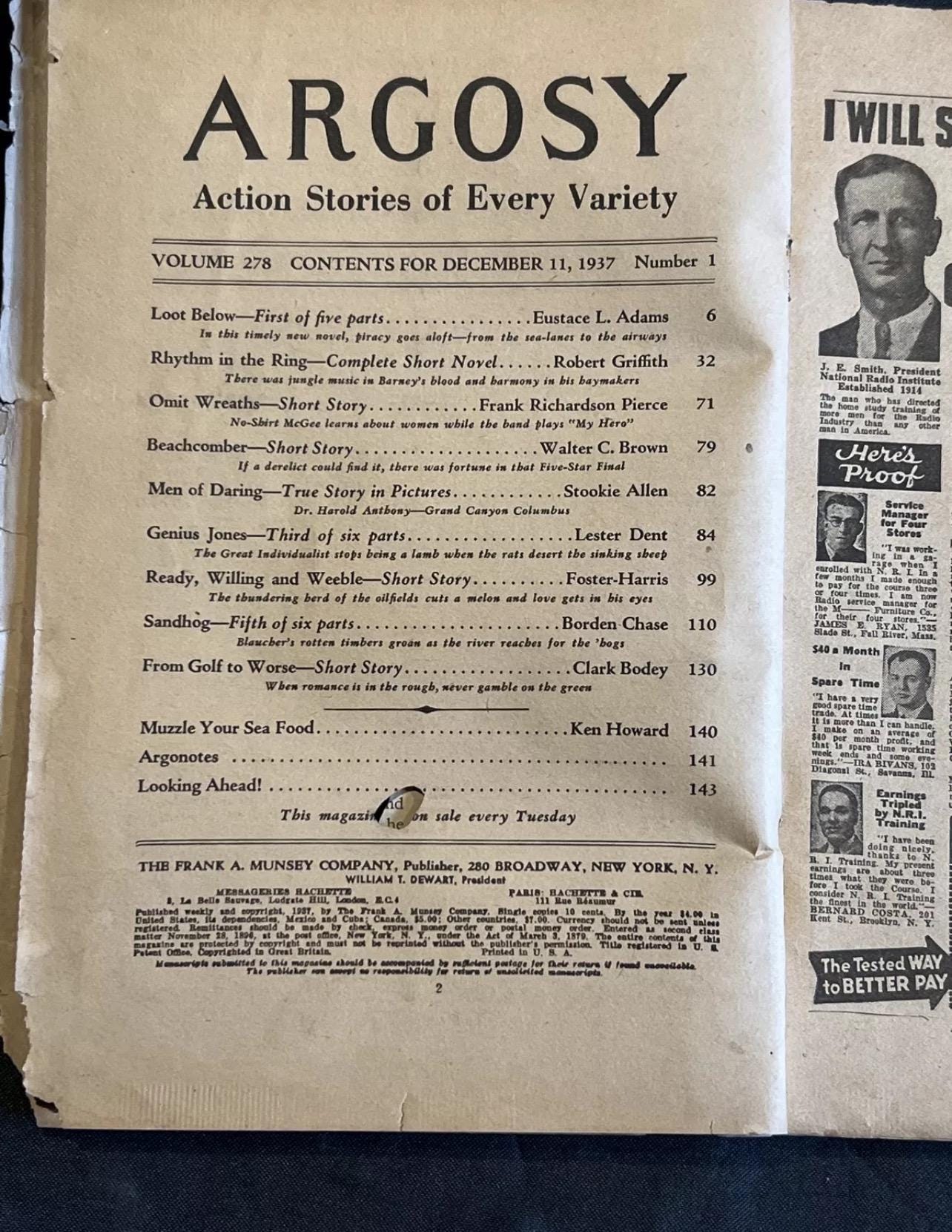 Vintage Argosy Weekly Pulp Magazine - December 11, 1937