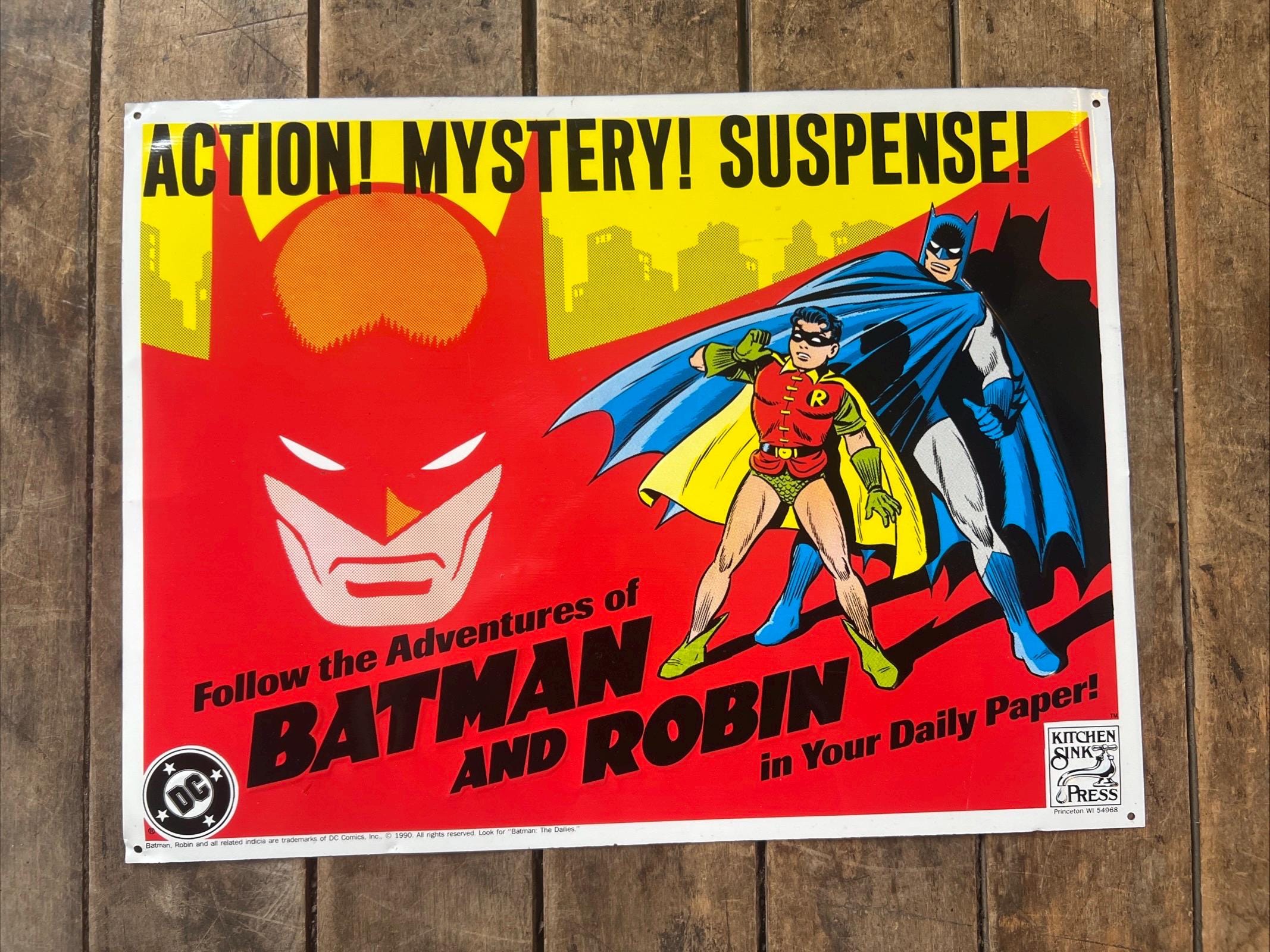 1990 BATMAN and ROBIN - DC Comics - Kitchen Sink Press - Embossed Metal sign Advertising - Daily Comic Strip Sign