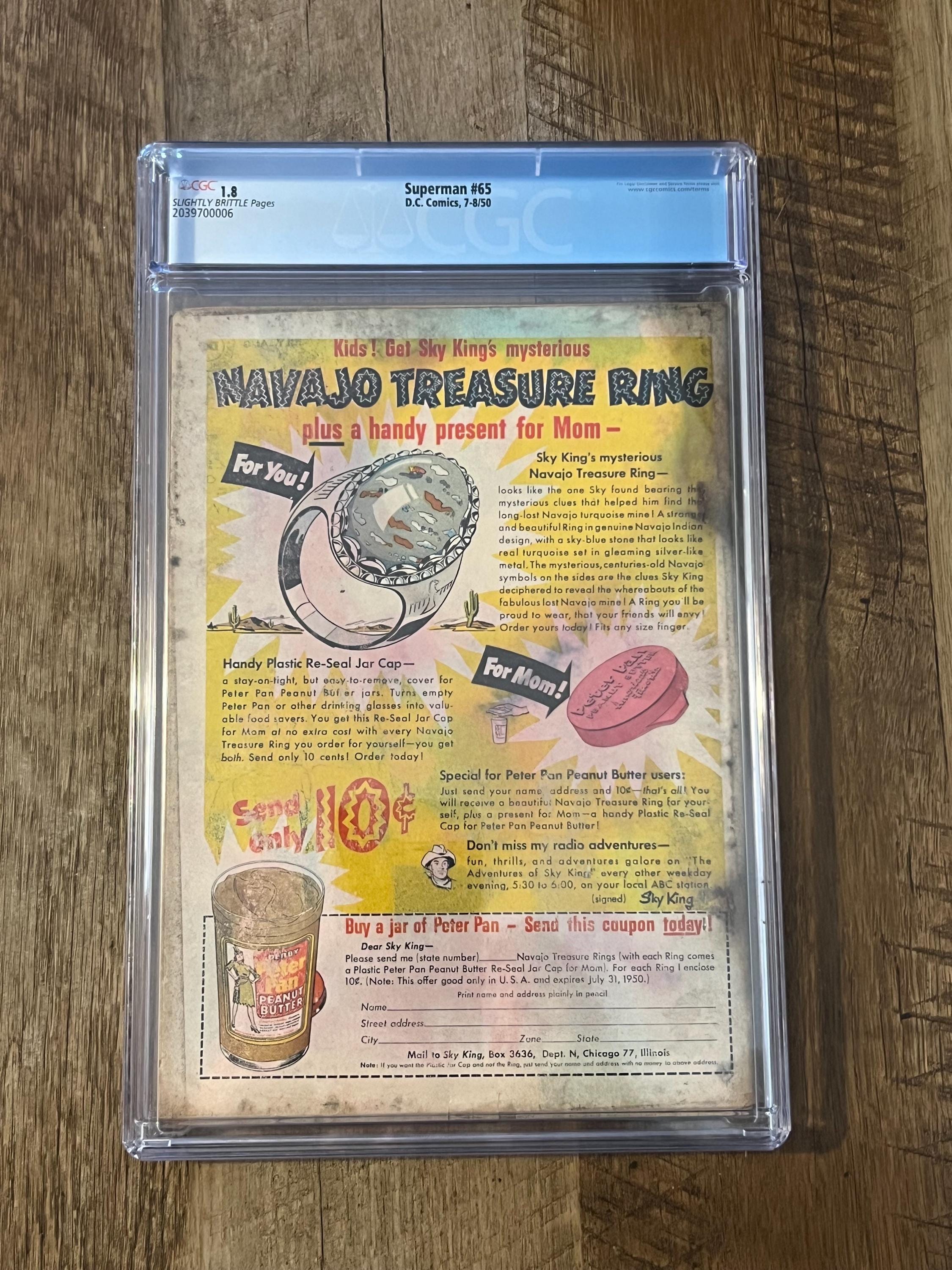 Vintage 1950 Superman DC COMIC #65 / Graded Comic CGC 1.8 / First appearance of Mala, Kizo, and U-Ban Krypton Foes - Key Issue