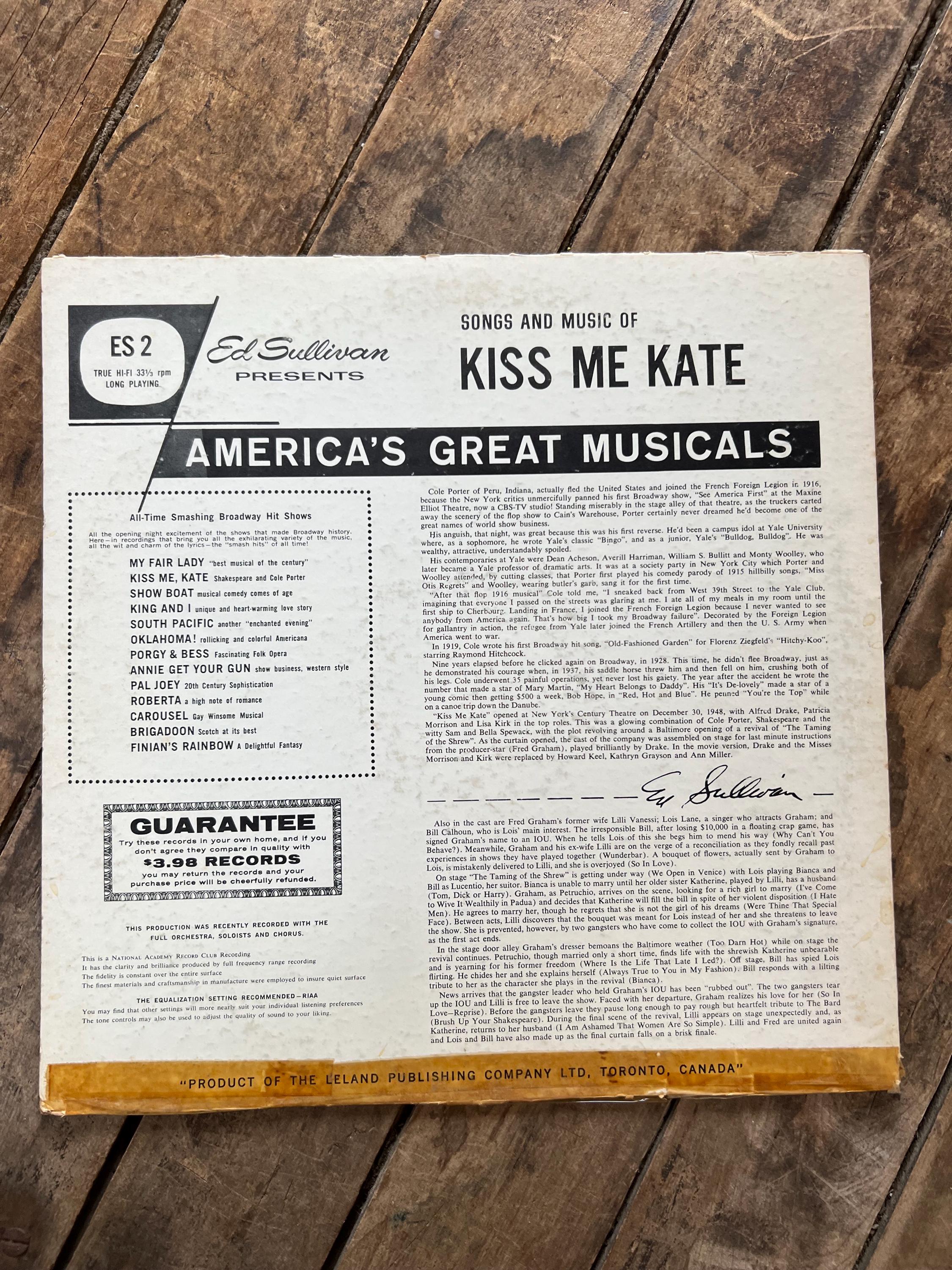 Ed Sullivan Presents “Kiss Me Kate” - 1960 Record - LP Vinyl Album