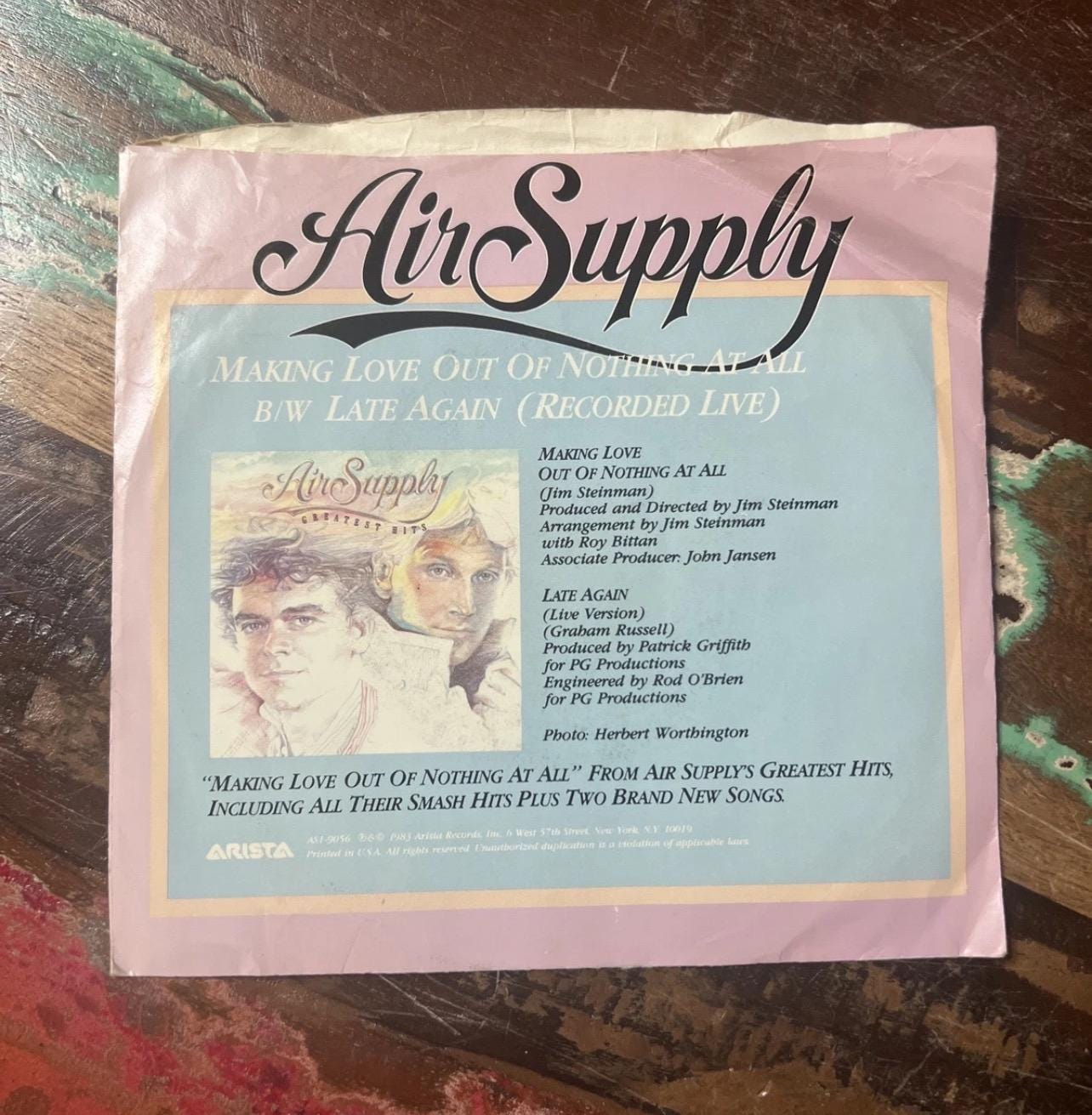 Air Supply Vinyl Record: Making Love Out Of Nothing - 45 RPM Vintage