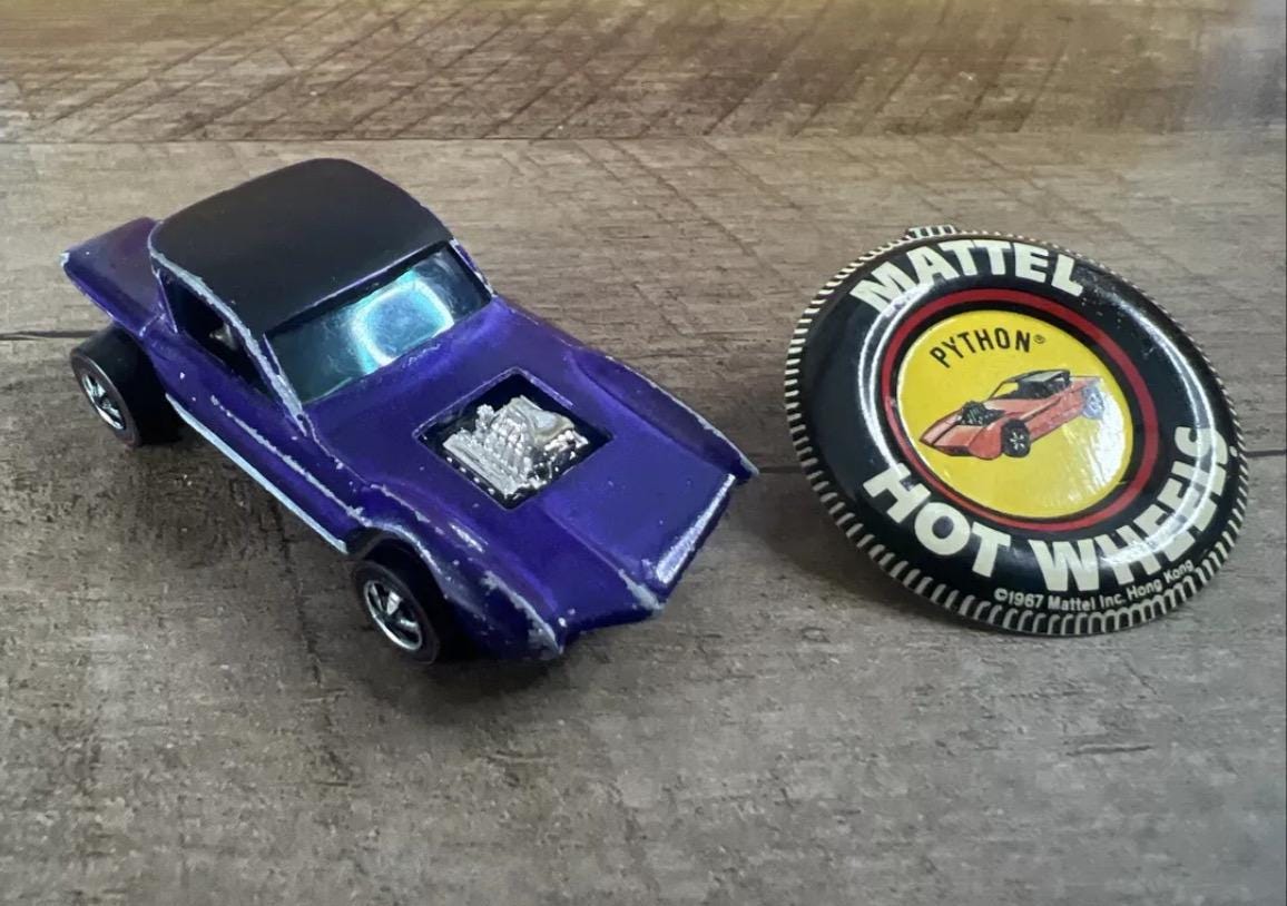 Vintage 1967 Hot Wheels Redline Python - Sweet Sixteen - Die Cast Car & Collector’s Button